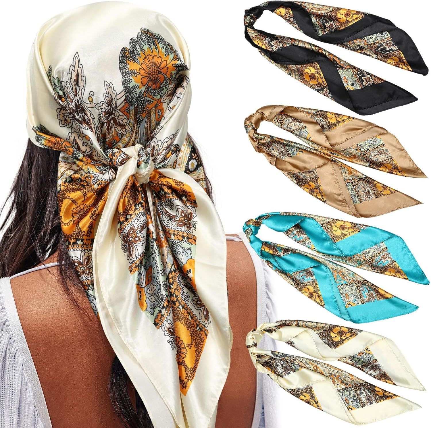 35” Satin Large Square Head Scarves - 4PCS Silk Like Neck Scar Hair Sleeping Wraps Satin Silk Scars or Women - Image 1