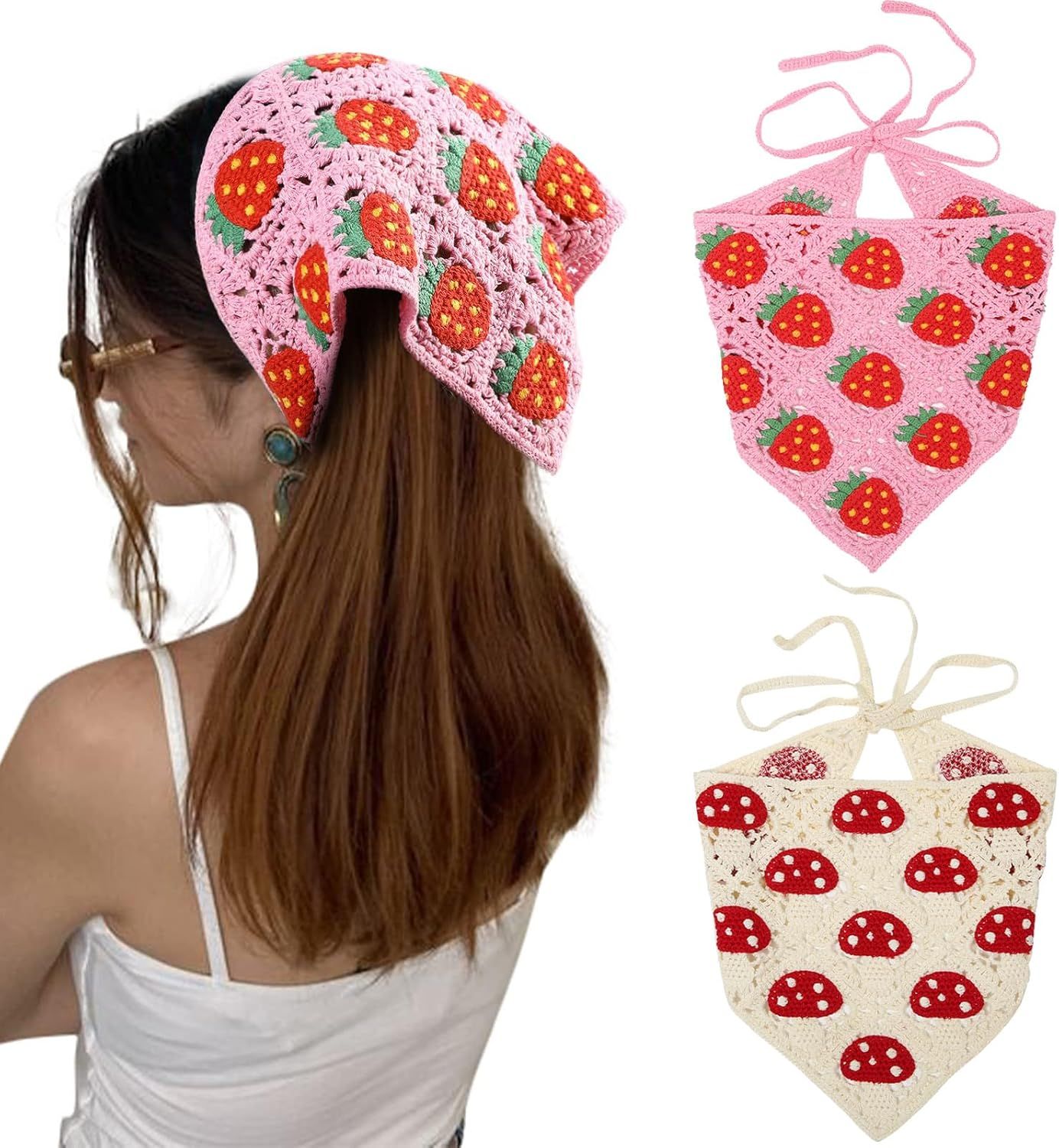 Crochet Bandana Head Kerchie Hair Scar 2Pcs Knitted Scarves Tie Bcak loral Headwrap or Women Girls - Image 1