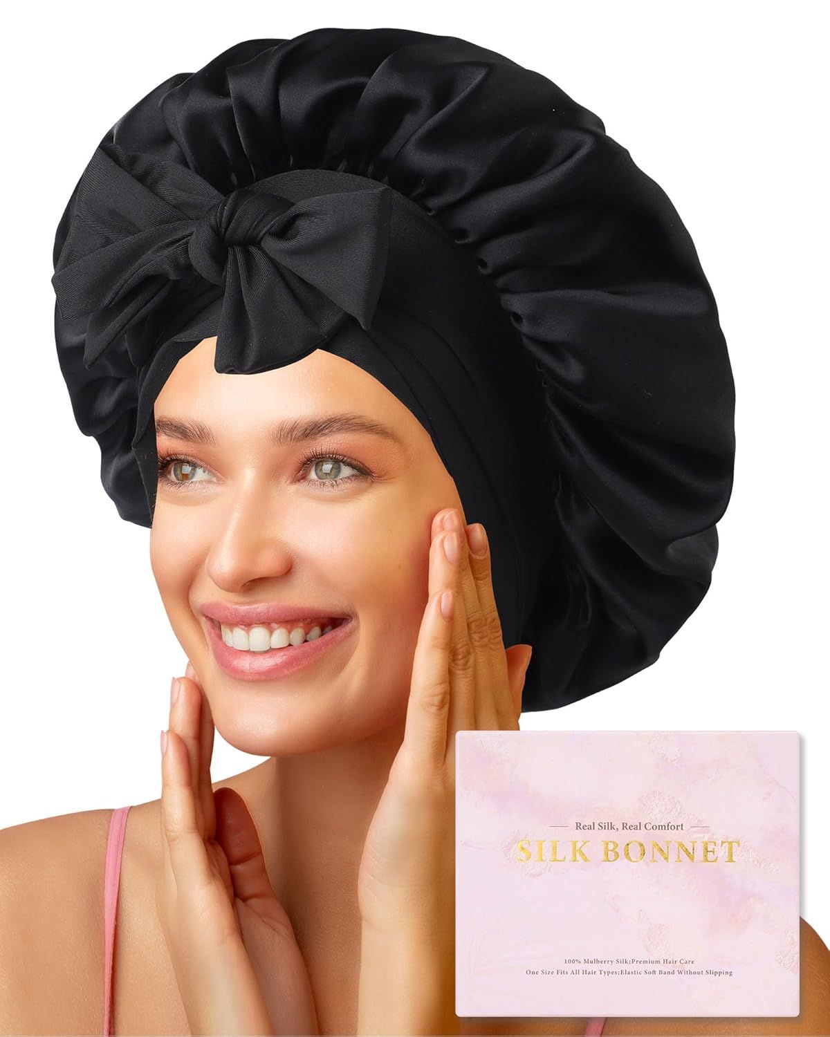 100% Mulberry Silk Hair Bonnet or Women Sleeping with Tie Band 19 Momme Silk Sleep Cap Night (US, Alpha, One Size, Black) - Image 1