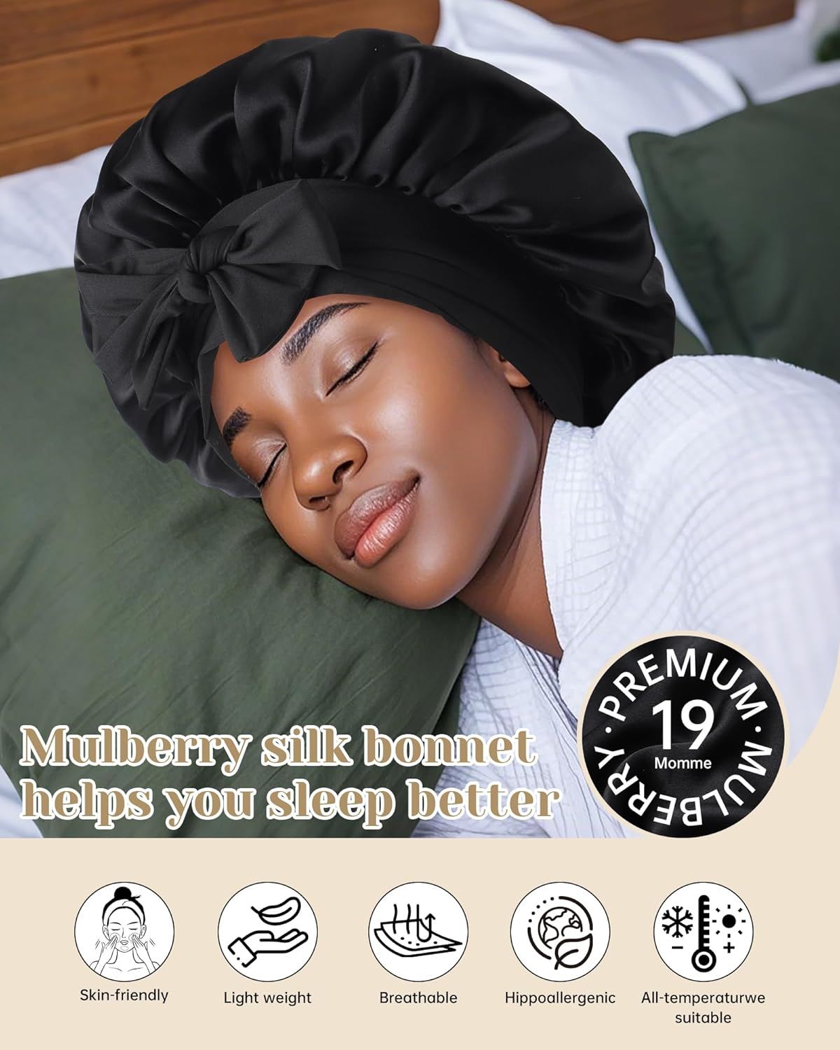 100% Mulberry Silk Hair Bonnet or Women Sleeping with Tie Band 19 Momme Silk Sleep Cap Night (US, Alpha, One Size, Black) - Image 2