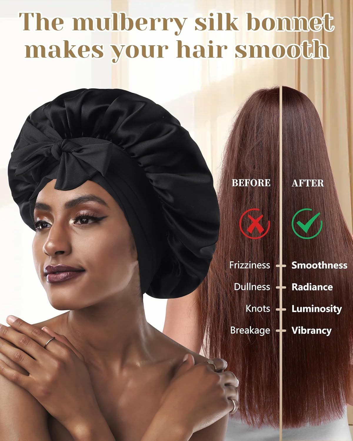 100% Mulberry Silk Hair Bonnet or Women Sleeping with Tie Band 19 Momme Silk Sleep Cap Night (US, Alpha, One Size, Black) - Image 4