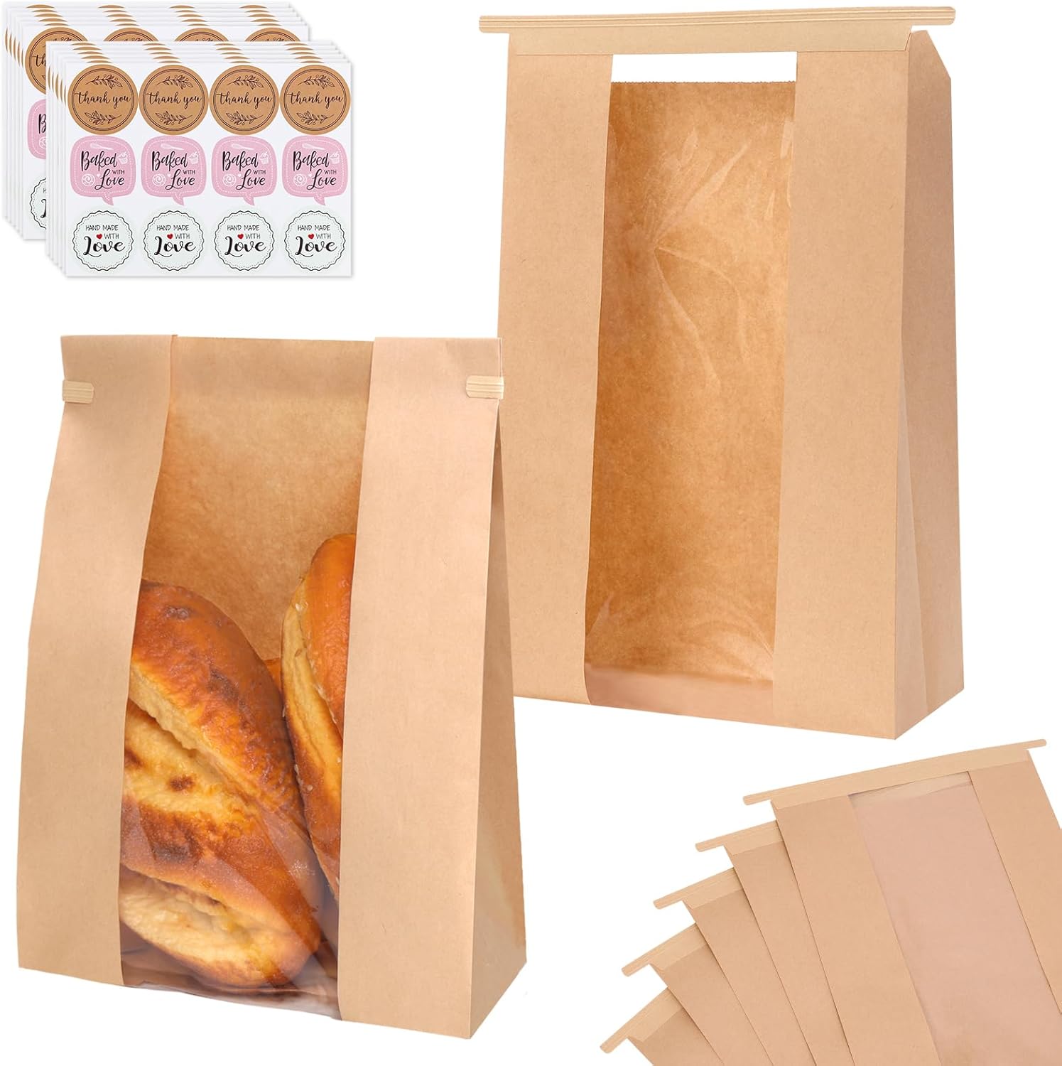Moretoes 120 Pack Large Paper Bread Bags for Homemade Bread, 13.7x8.3x3.5 Inches, Sourdough Bread Bags with Tin Tie Tab and Clear Front Window, Includes 144 Label Seal Stickers (Brown) - Image 1