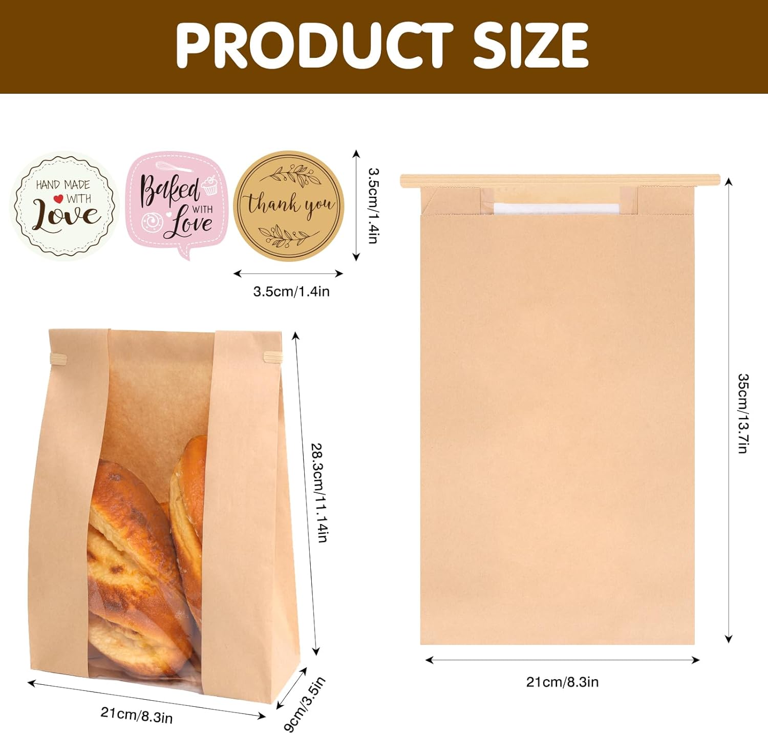 Moretoes 120 Pack Large Paper Bread Bags for Homemade Bread, 13.7x8.3x3.5 Inches, Sourdough Bread Bags with Tin Tie Tab and Clear Front Window, Includes 144 Label Seal Stickers (Brown) - Image 2