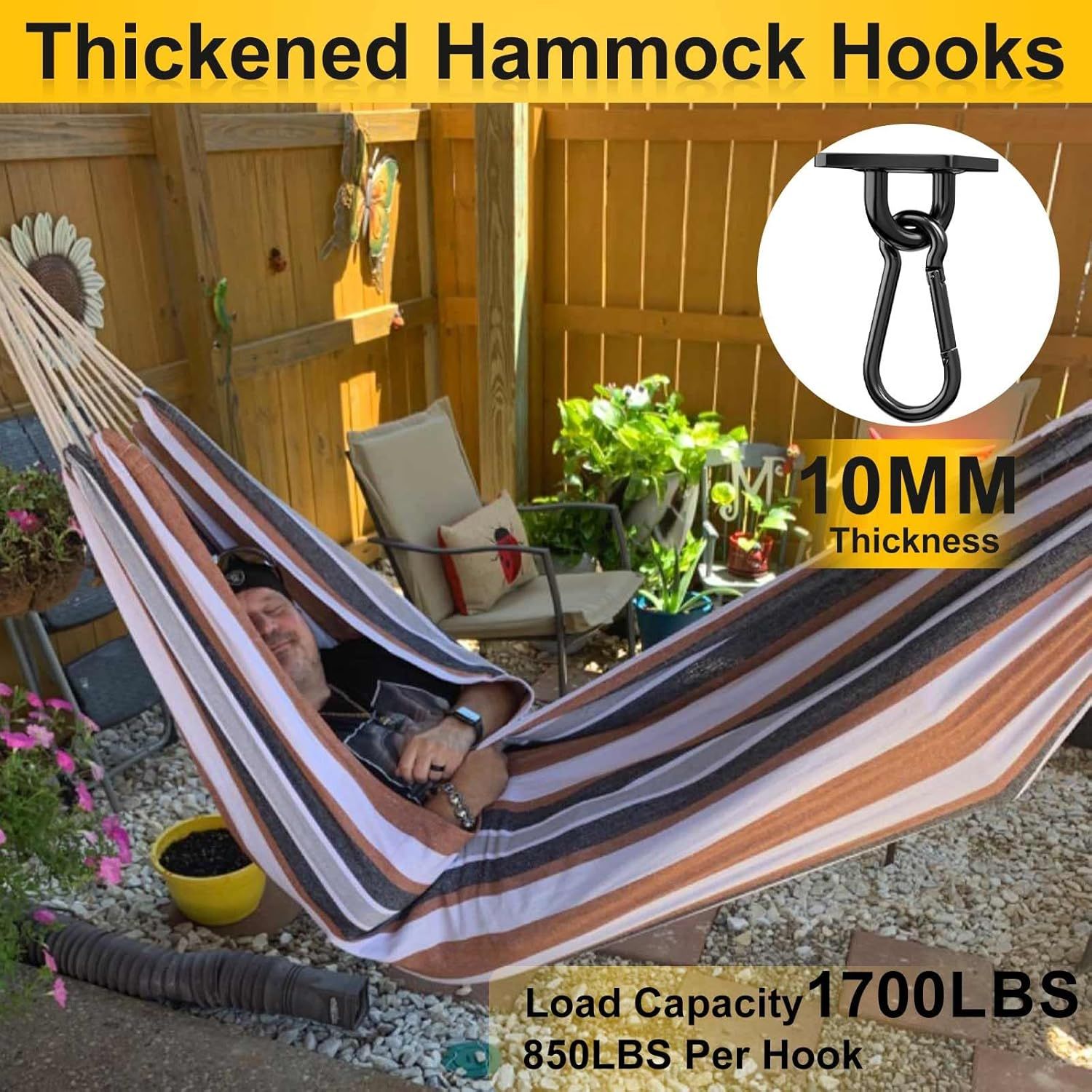 Heavy Duty Black Hammock Hooks Screws Bolts Included, Over 1700 lb Rust-Resistant Swing Hook Hardware, M10 Hanging Kit or Porch Yoga Seat Trapeze (Indoor/Outdoor) - Image 3
