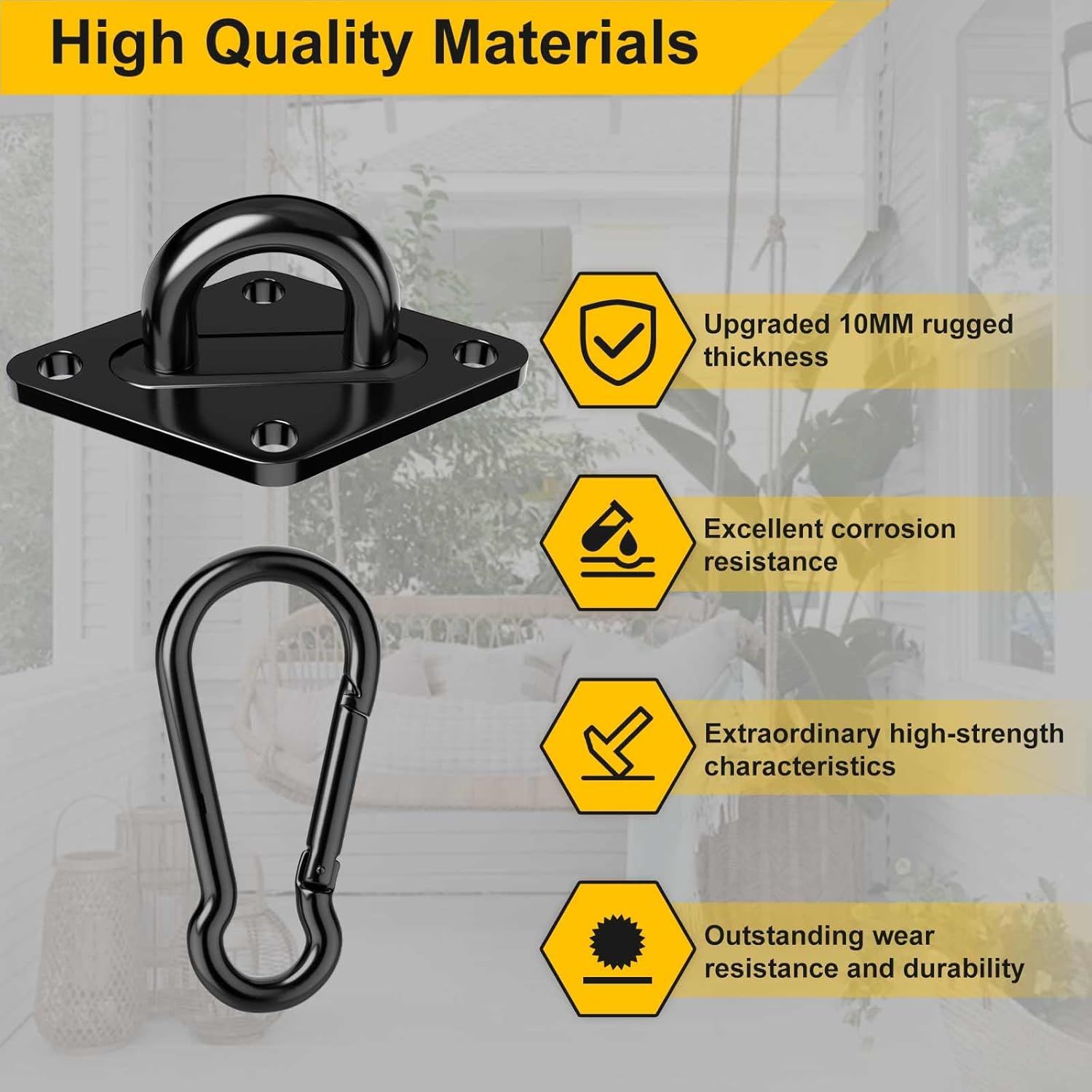 Heavy Duty Black Hammock Hooks Screws Bolts Included, Over 1700 lb Rust-Resistant Swing Hook Hardware, M10 Hanging Kit or Porch Yoga Seat Trapeze (Indoor/Outdoor) - Image 4