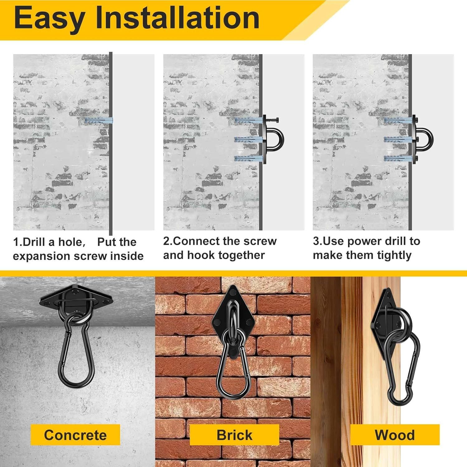 Heavy Duty Black Hammock Hooks Screws Bolts Included, Over 1700 lb Rust-Resistant Swing Hook Hardware, M10 Hanging Kit or Porch Yoga Seat Trapeze (Indoor/Outdoor) - Image 5