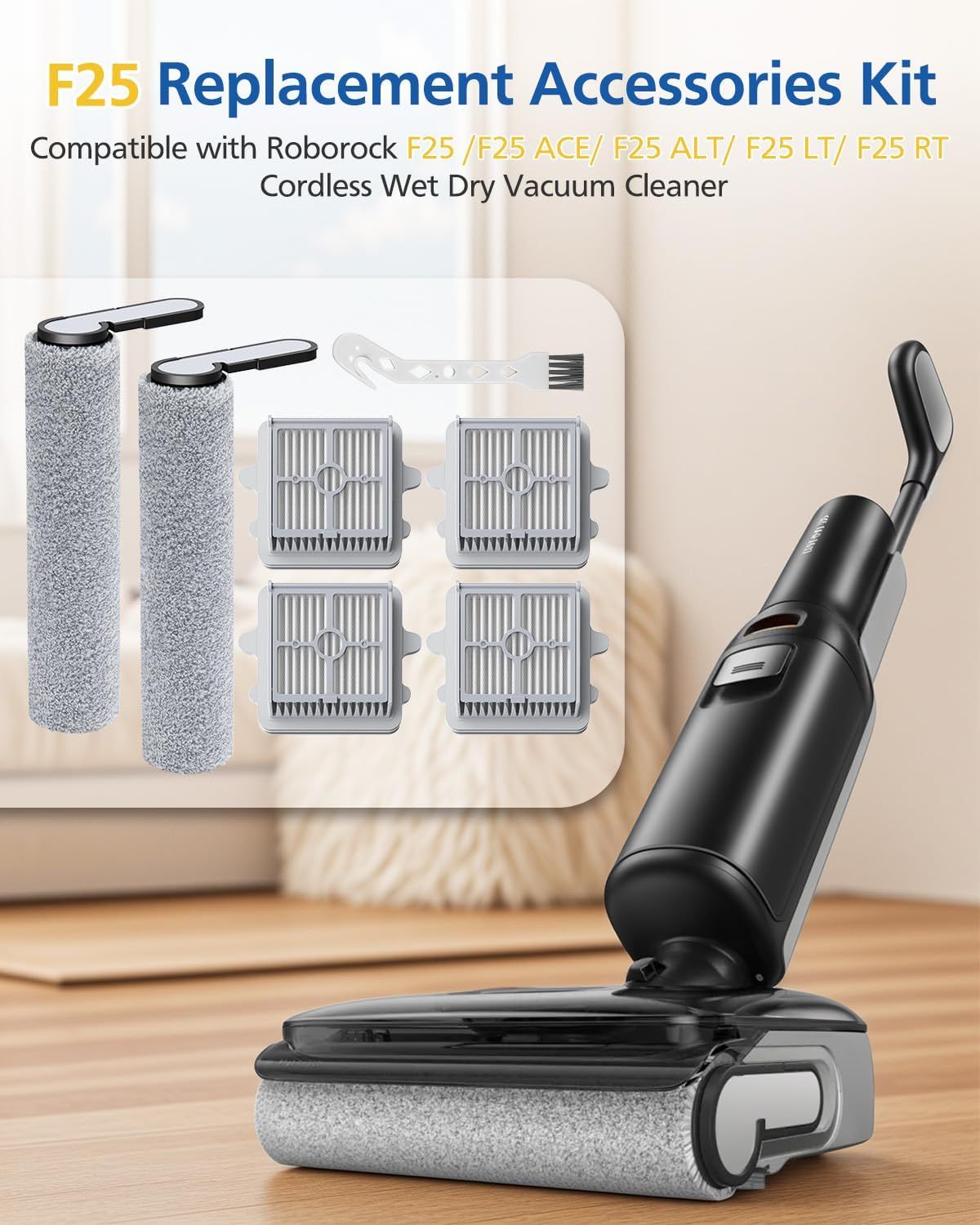 25 Brush Roll and HEPA ilter Replacement Kit Accessories Compatible with  25/25 ACE/25 ALT/25 LT/25 RT/25 ACE/25 GT/25 Ultra Cordless Wet Dry Vacuum Cleaner - Image 2