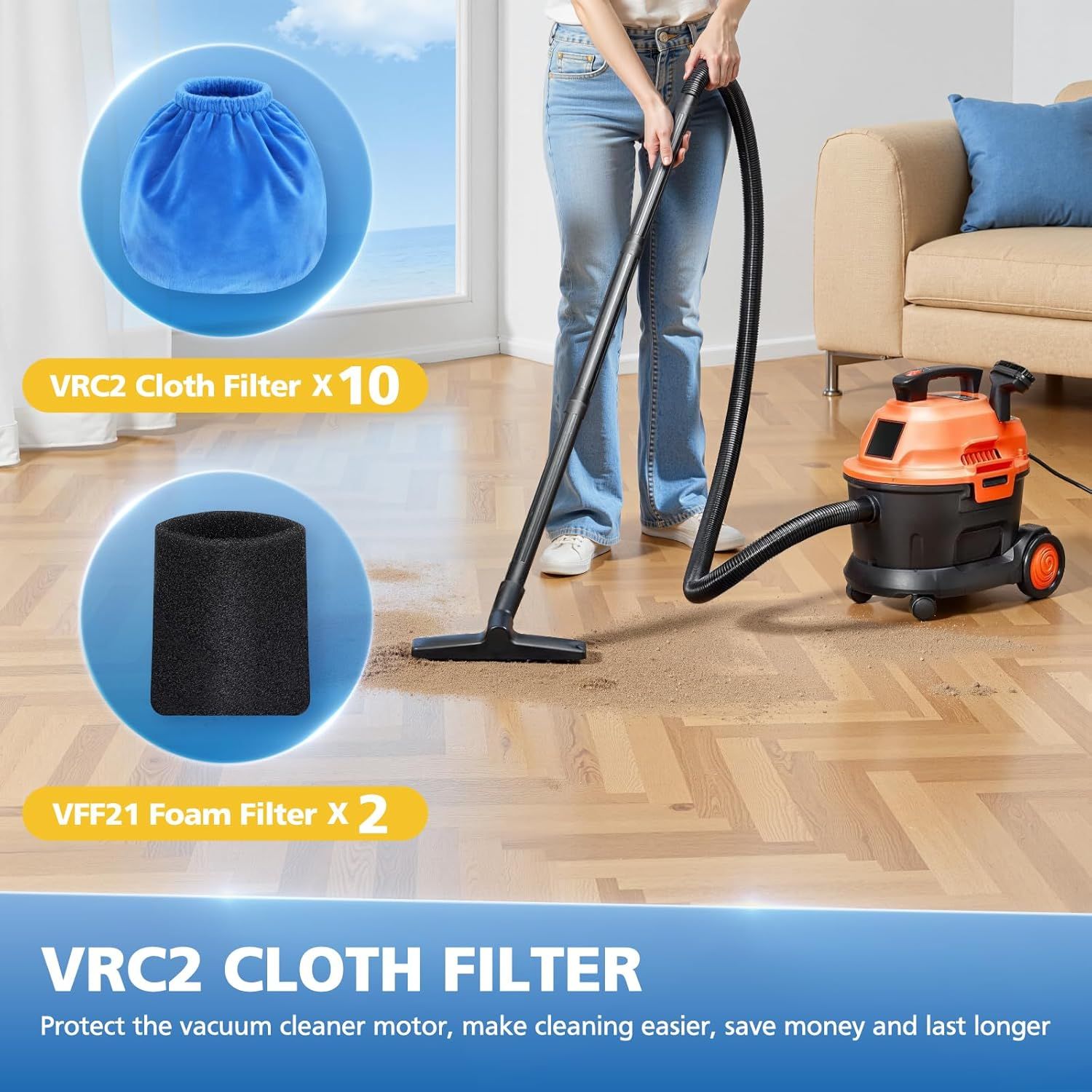 10 Pack VRC2 Cloth ilters or Vacmaster 1.5–3.2 Gallon Wet/Dry Vacuums, Compatible with Armor All 1.5 & 2.5 Gallon Shop Vac AA155, AA255, AA255W, Plus 2 Pack V21 oam ilters or Wet Pick-Up - Image 7