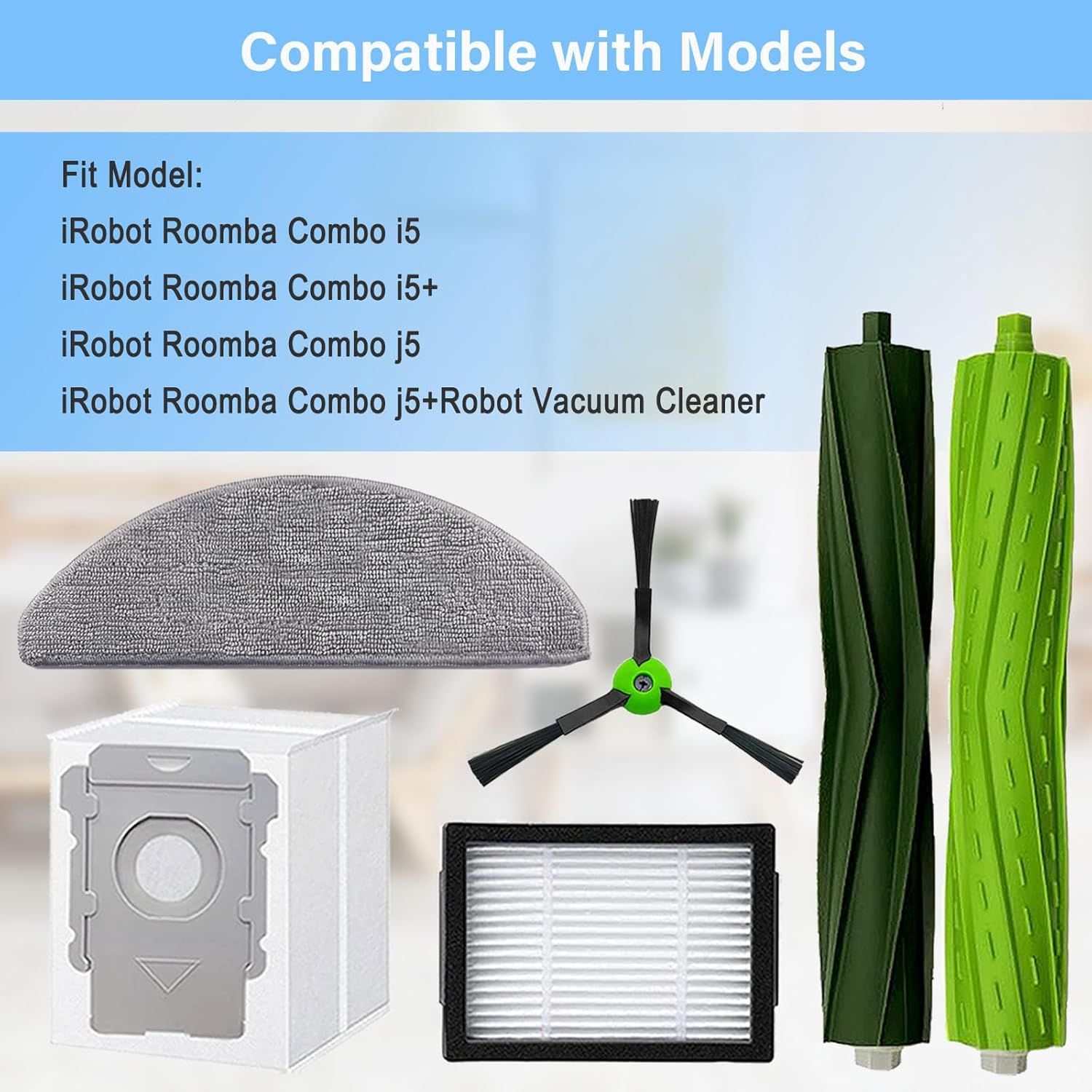 Replacement Parts Accessories or iRobot Roomba Combo i5, i5+, j5, j5+ Robot Vacuum Cleaner, 1 Set o Roller Brush & 4 ilters & 4 Mop Pads & 4 Vacuum Bags & 4 Side Brushes - Image 3