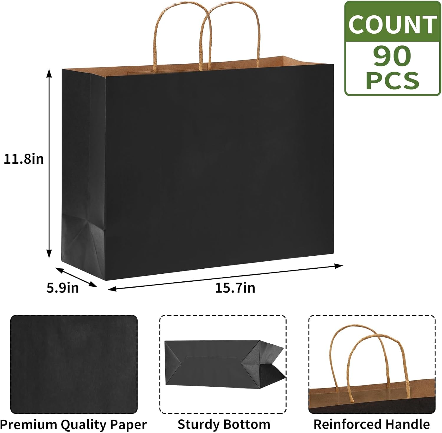 Moretoes 90pcs Black Gift Bags, 16x6x12 Inch Large Paper Bags with Handles Bulk for Boutiques, Grocery, Small Business, Mechandise, Party, Gifts & Merchandise - Image 2