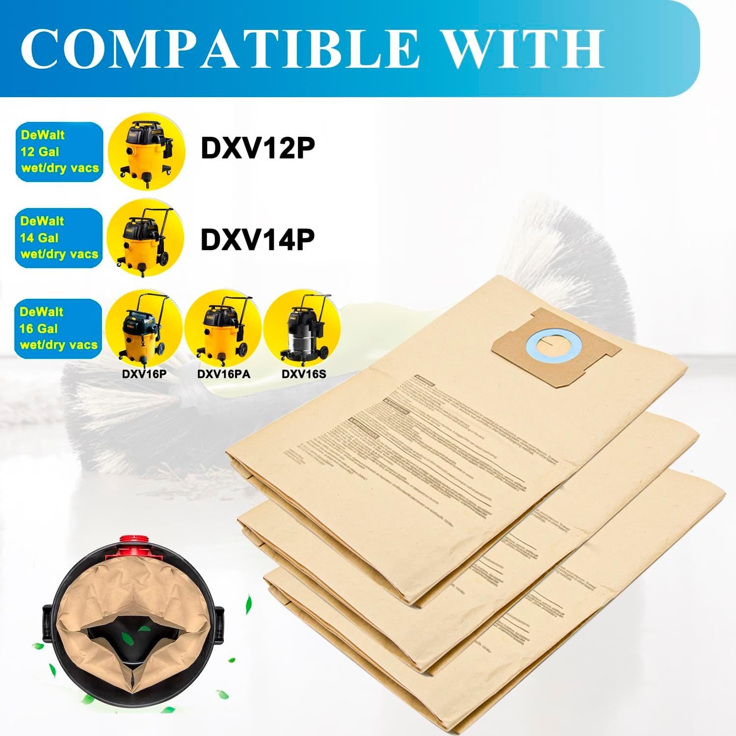 12 Pack DXVA19-4102 Dust Bags or DEWALT 12-16 Gallon Wet Dry Vacuum, Compatible with DXV12P DXV14P DXV16P DXV16PA DXV16S - Image 2