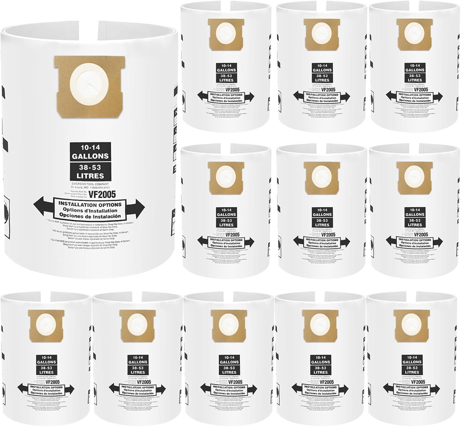 12 Pack V2005 Vacuum Bags Compatible with Shop Vac Bags 10-14 Gallon, Type  90662 9066200 ; Type I 90672 9067200,High Eiciency Disposable ine Dust Collection Vacuum ilter Bags - Image 1