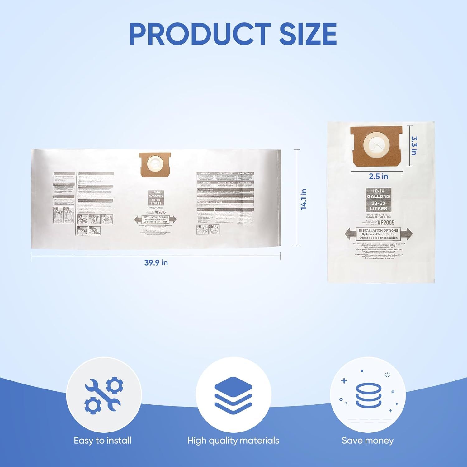12 Pack V2005 Vacuum Bags Compatible with Shop Vac Bags 10-14 Gallon, Type  90662 9066200 ; Type I 90672 9067200,High Eiciency Disposable ine Dust Collection Vacuum ilter Bags - Image 2