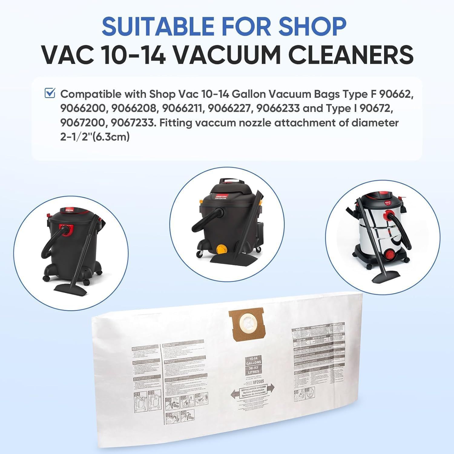 12 Pack V2005 Vacuum Bags Compatible with Shop Vac Bags 10-14 Gallon, Type  90662 9066200 ; Type I 90672 9067200,High Eiciency Disposable ine Dust Collection Vacuum ilter Bags - Image 3