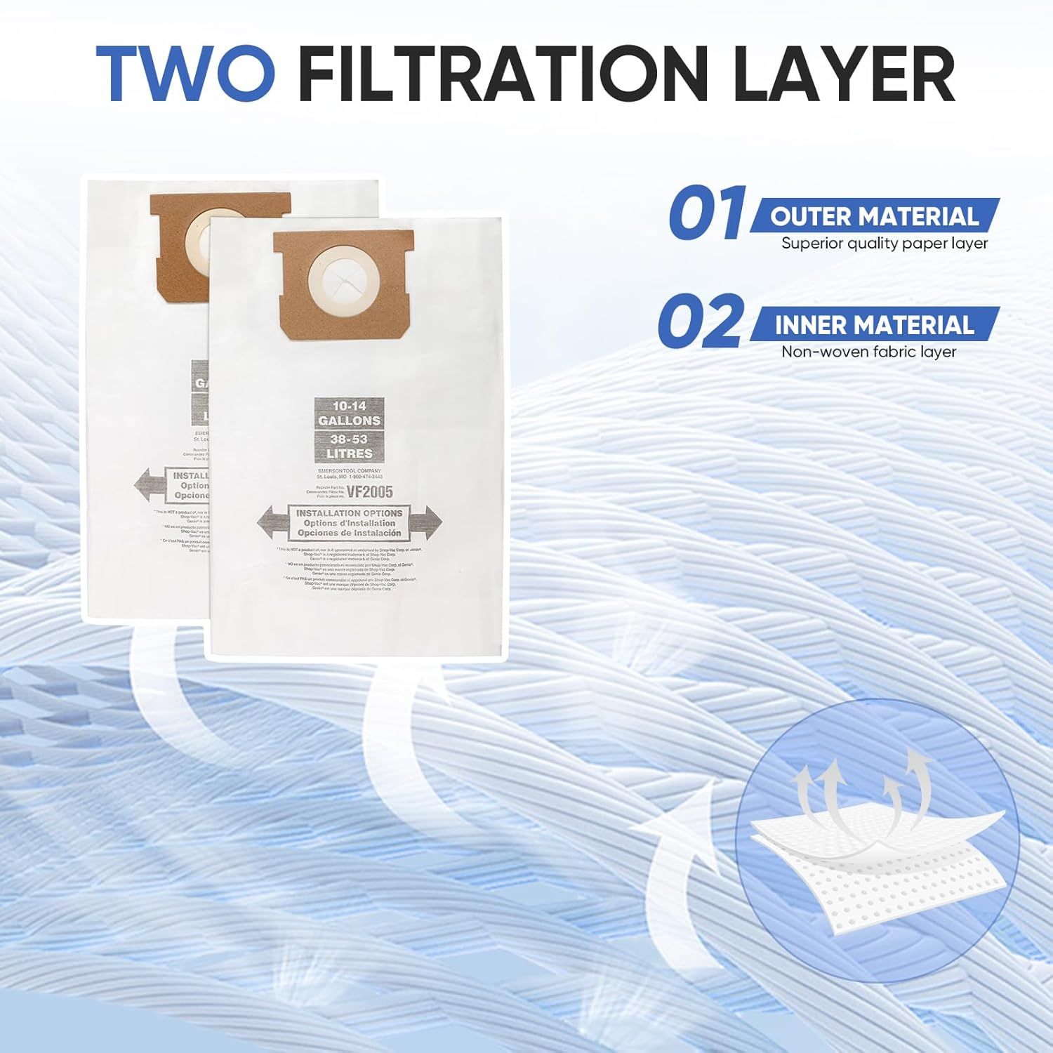 12 Pack V2005 Vacuum Bags Compatible with Shop Vac Bags 10-14 Gallon, Type  90662 9066200 ; Type I 90672 9067200,High Eiciency Disposable ine Dust Collection Vacuum ilter Bags - Image 4