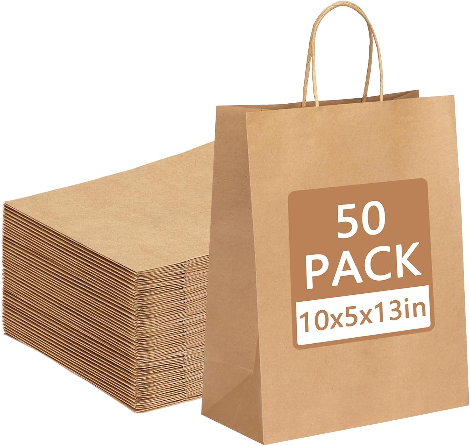 Moretoes 50pcs Brown Kraft Paper Bags - 10x5x13 Inches, Handles, Bulk - Retail & Shopping Bags for Birthday & Wedding Party Favors - Image 1