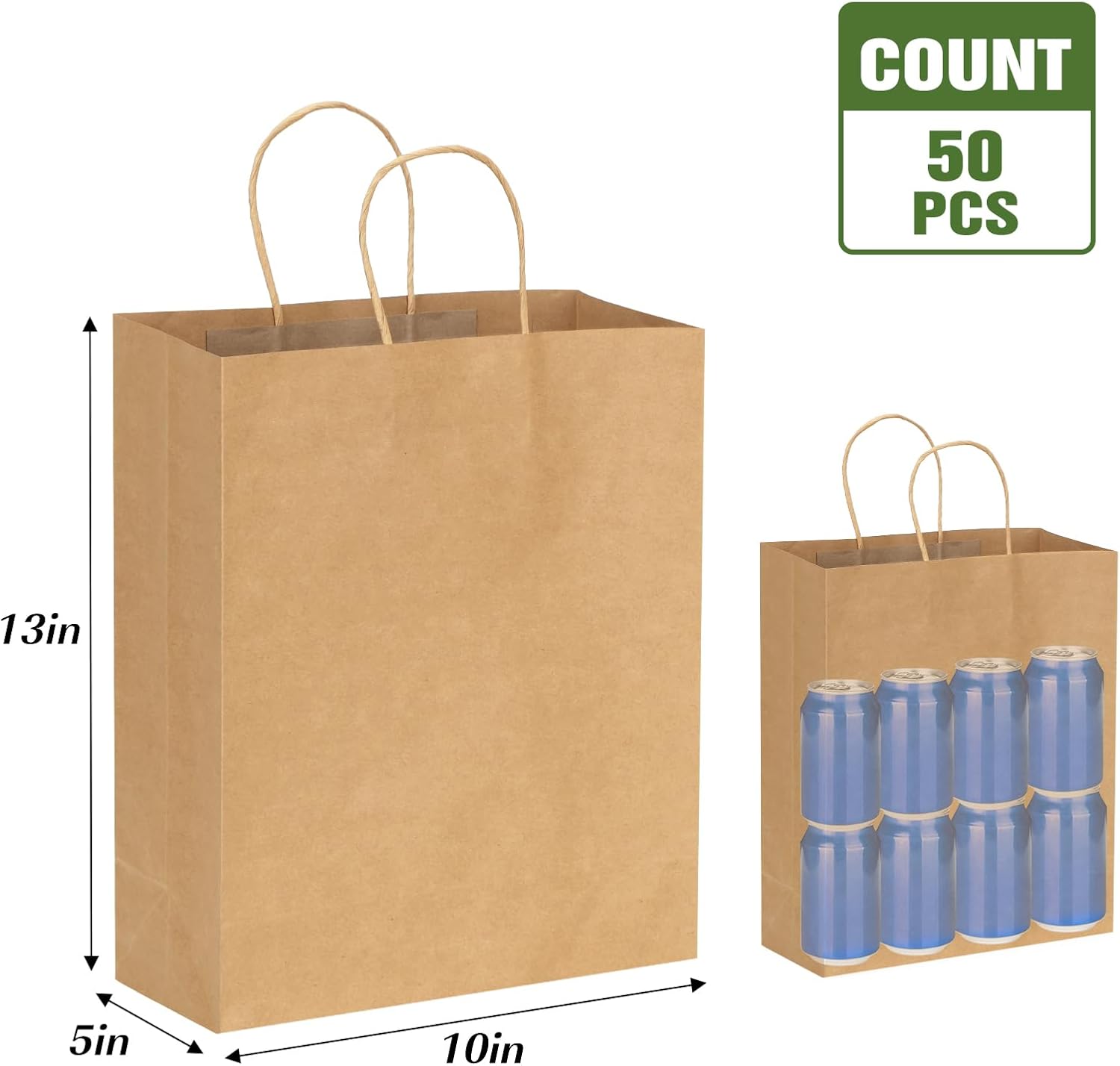 Moretoes 50pcs Brown Kraft Paper Bags - 10x5x13 Inches, Handles, Bulk - Retail & Shopping Bags for Birthday & Wedding Party Favors - Image 2