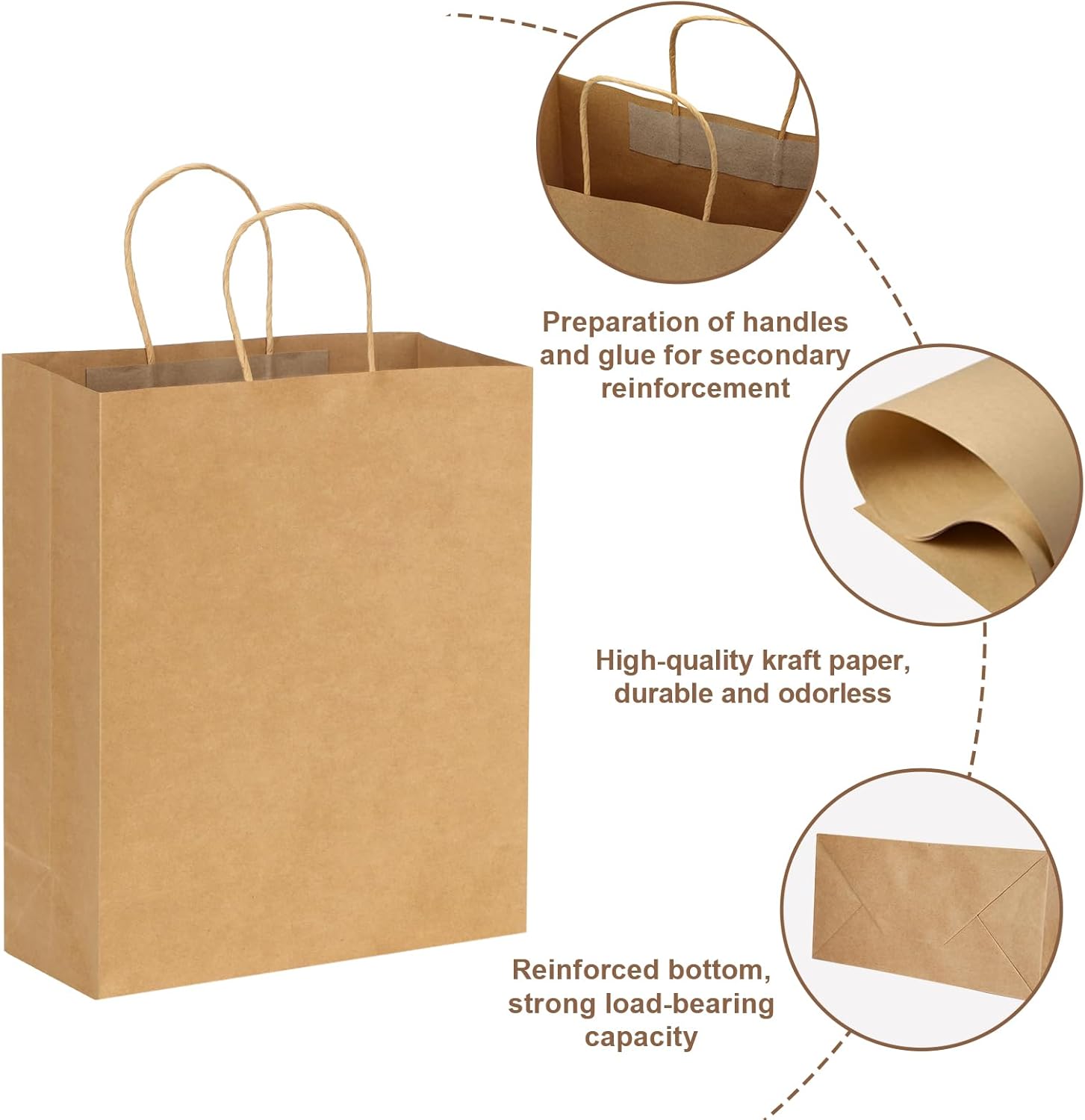 Moretoes 50pcs Brown Kraft Paper Bags - 10x5x13 Inches, Handles, Bulk - Retail & Shopping Bags for Birthday & Wedding Party Favors - Image 3