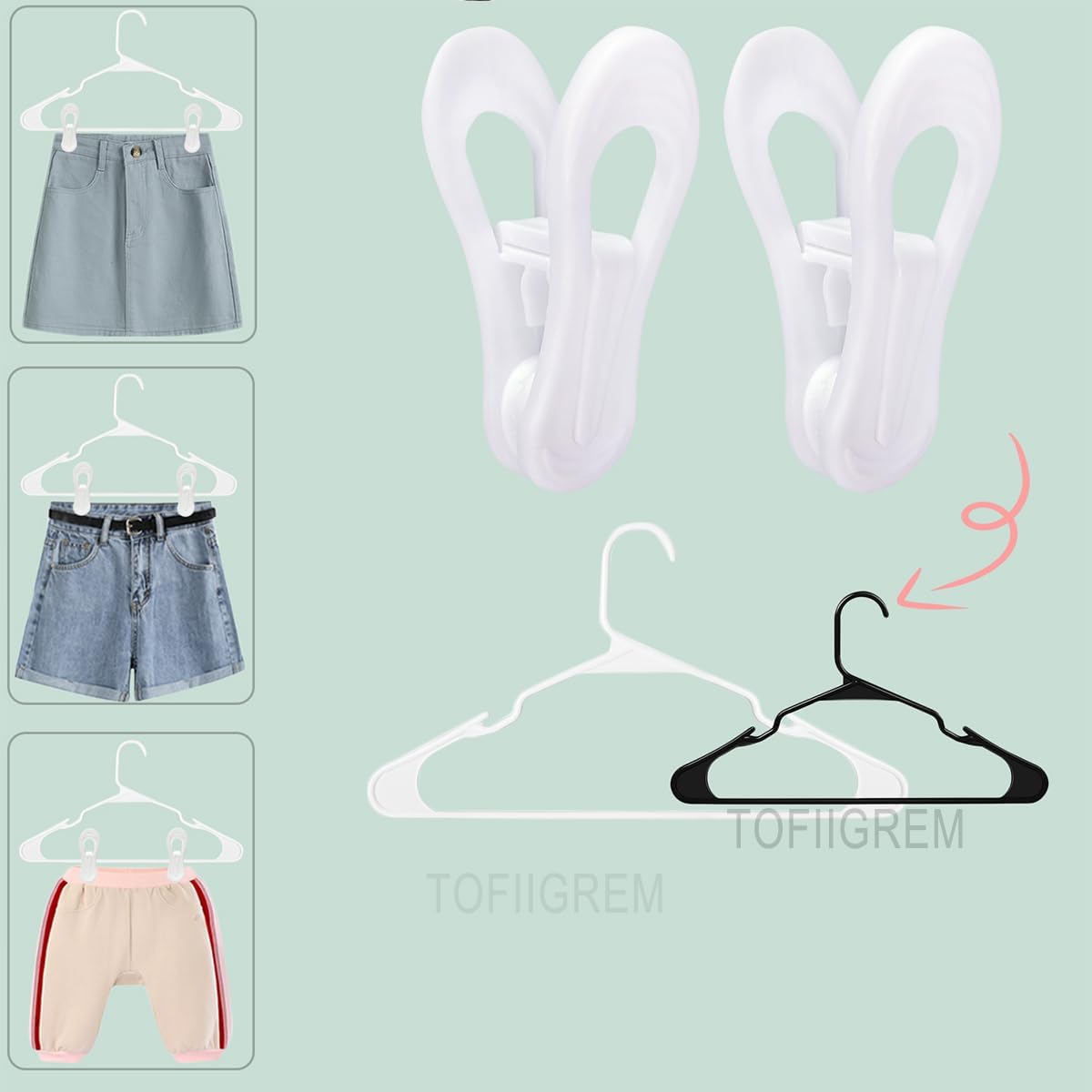 White Hanger Clips 50 Pack, Multi-Purpose Plastic Hangers Clips Perfect for Plastic Clothes Hangers, Clothes Pins Finger Clip for Skirt Pants Hangers - Image 8