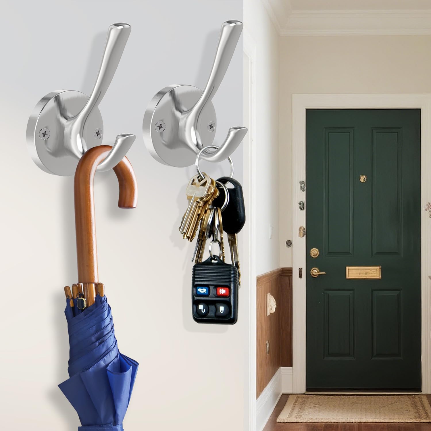 Brushed Nickel Wall Hooks Towel Hooks, 2 Pack Coat Robe Hook Heavy Duty Bathroom Double Hook Wall Mounted, Hand Towel Hooks for Closet Entryway Cubicle Kitchen - Image 2
