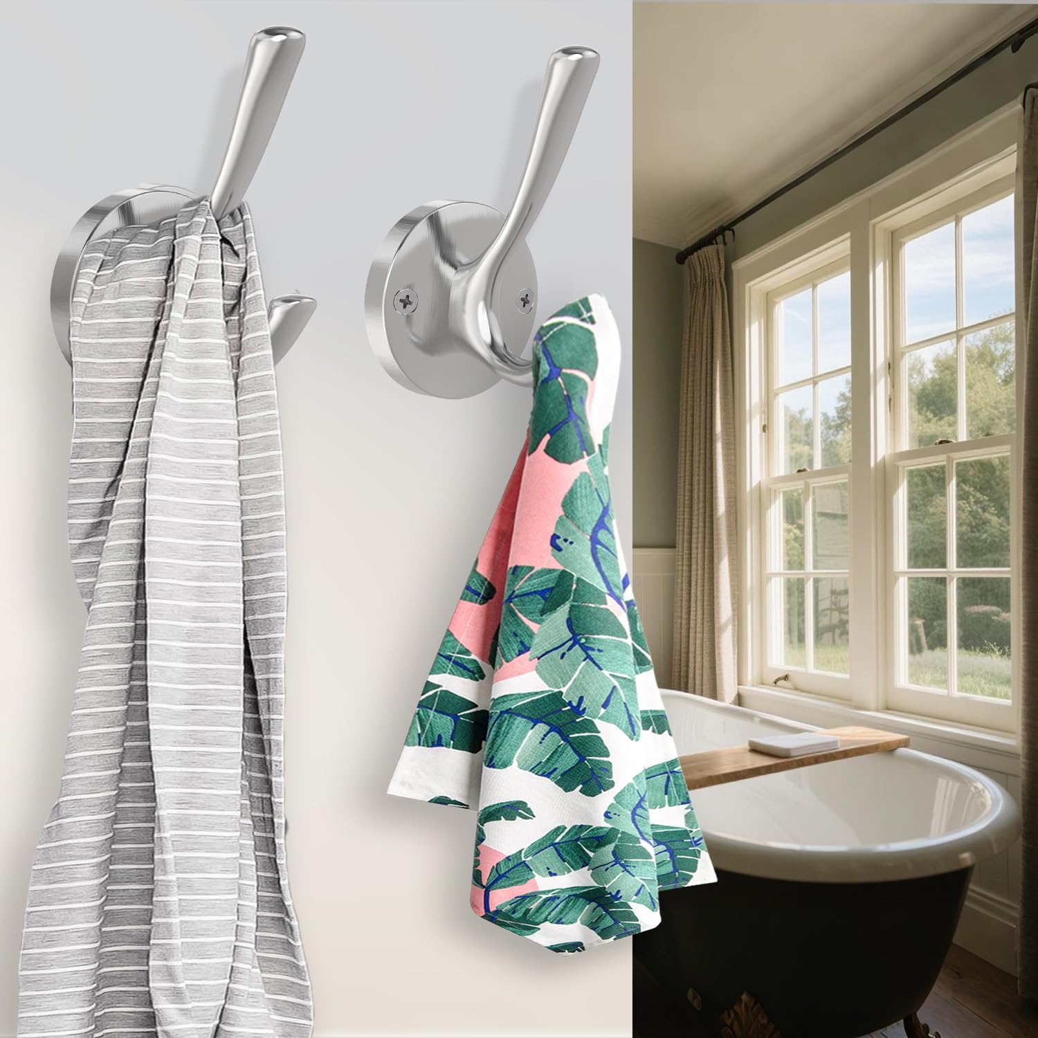 Brushed Nickel Wall Hooks Towel Hooks, 2 Pack Coat Robe Hook Heavy Duty Bathroom Double Hook Wall Mounted, Hand Towel Hooks for Closet Entryway Cubicle Kitchen - Image 3