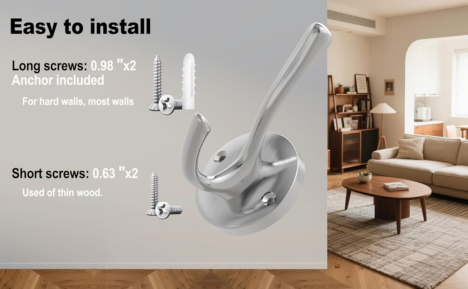Brushed Nickel Wall Hooks Towel Hooks, 2 Pack Coat Robe Hook Heavy Duty Bathroom Double Hook Wall Mounted, Hand Towel Hooks for Closet Entryway Cubicle Kitchen - Image 5