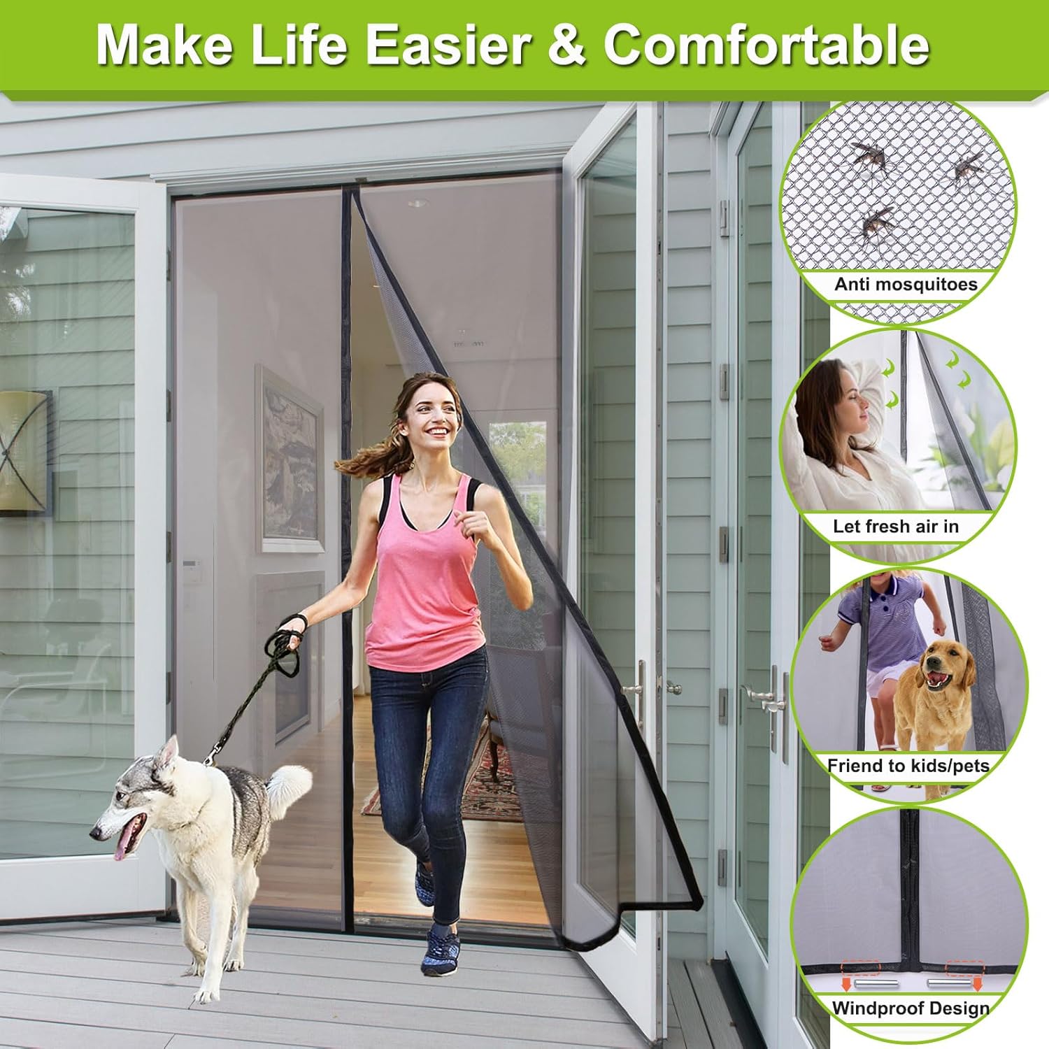 Magnetic Screen Door Self Closing, 78 x 84 inch, Grey Upgraded Polyester Thicken Mesh Mosquito Net for Patio Door, with Magnets, Keep Bugs Out, with Hook Tape - Image 2