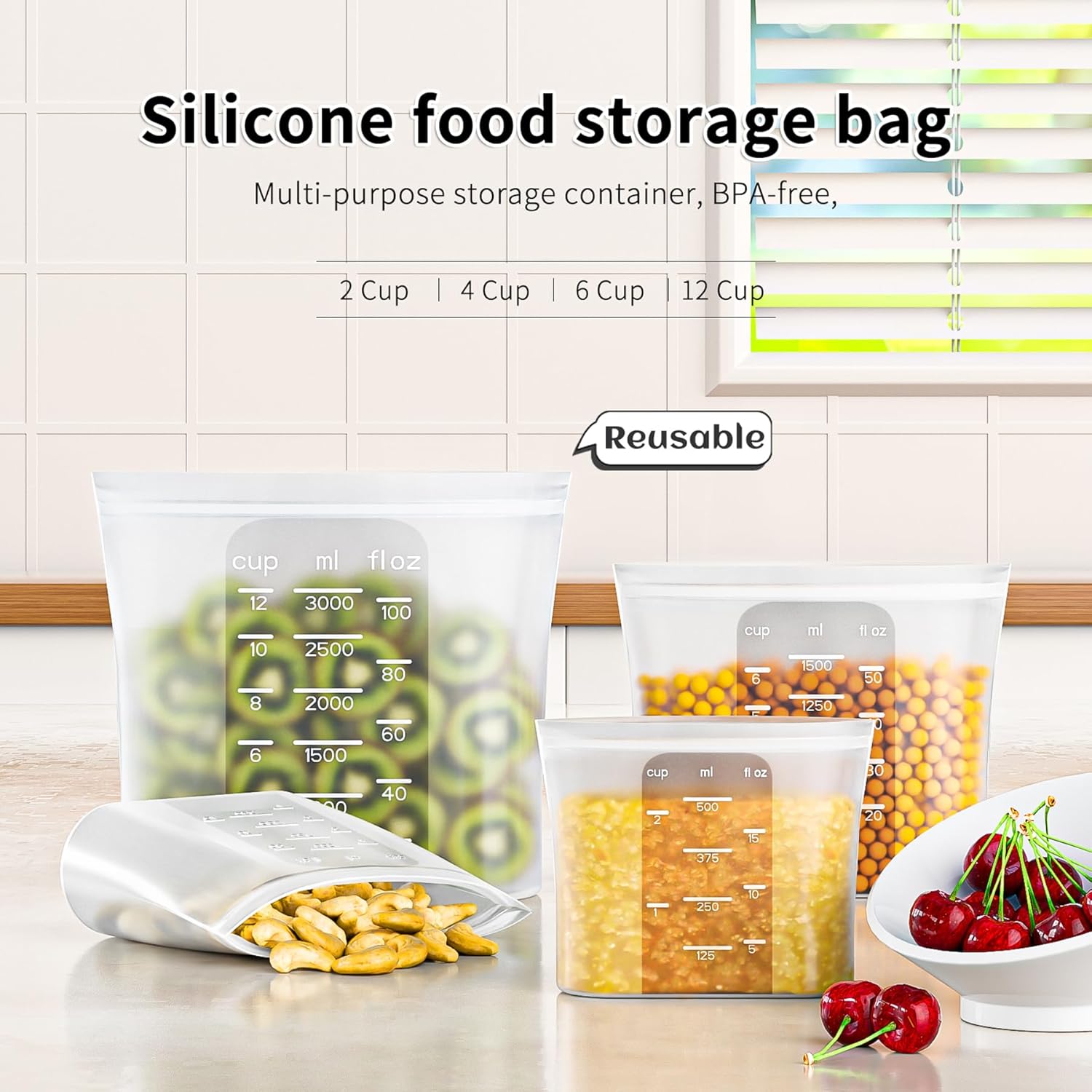 Bangp Premium Silicone Reusable Food Storage Bags,4 Pack,Stand-Up Bottom,Multi-Use Food Freezer Bag,Reclosable Silicone Bags for Marinate Meats,Salad Fruit,Home Organization,Leak-free,Dishwasher Safe - Image 2