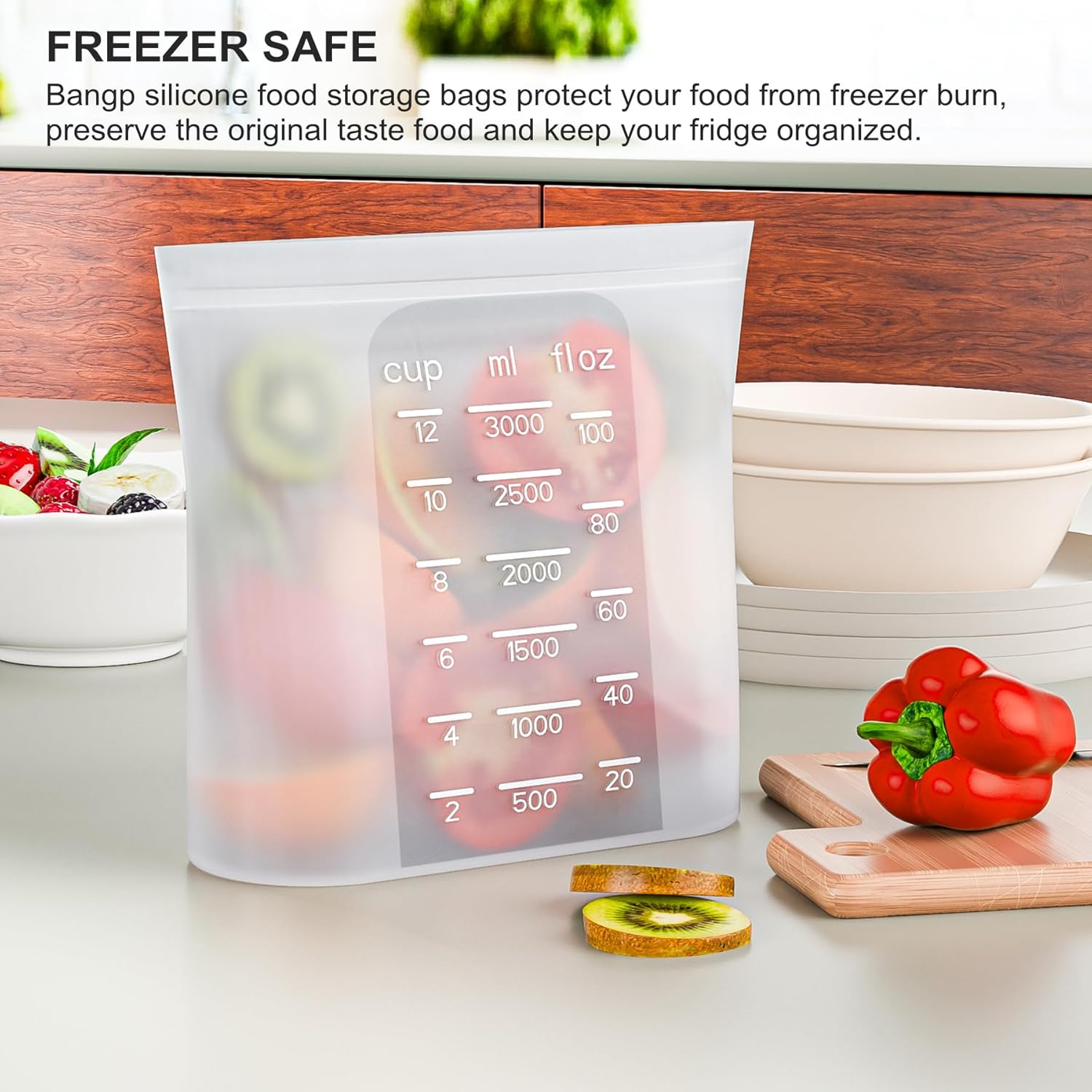 Bangp Premium Silicone Reusable Food Storage Bags,4 Pack,Stand-Up Bottom,Multi-Use Food Freezer Bag,Reclosable Silicone Bags for Marinate Meats,Salad Fruit,Home Organization,Leak-free,Dishwasher Safe - Image 3