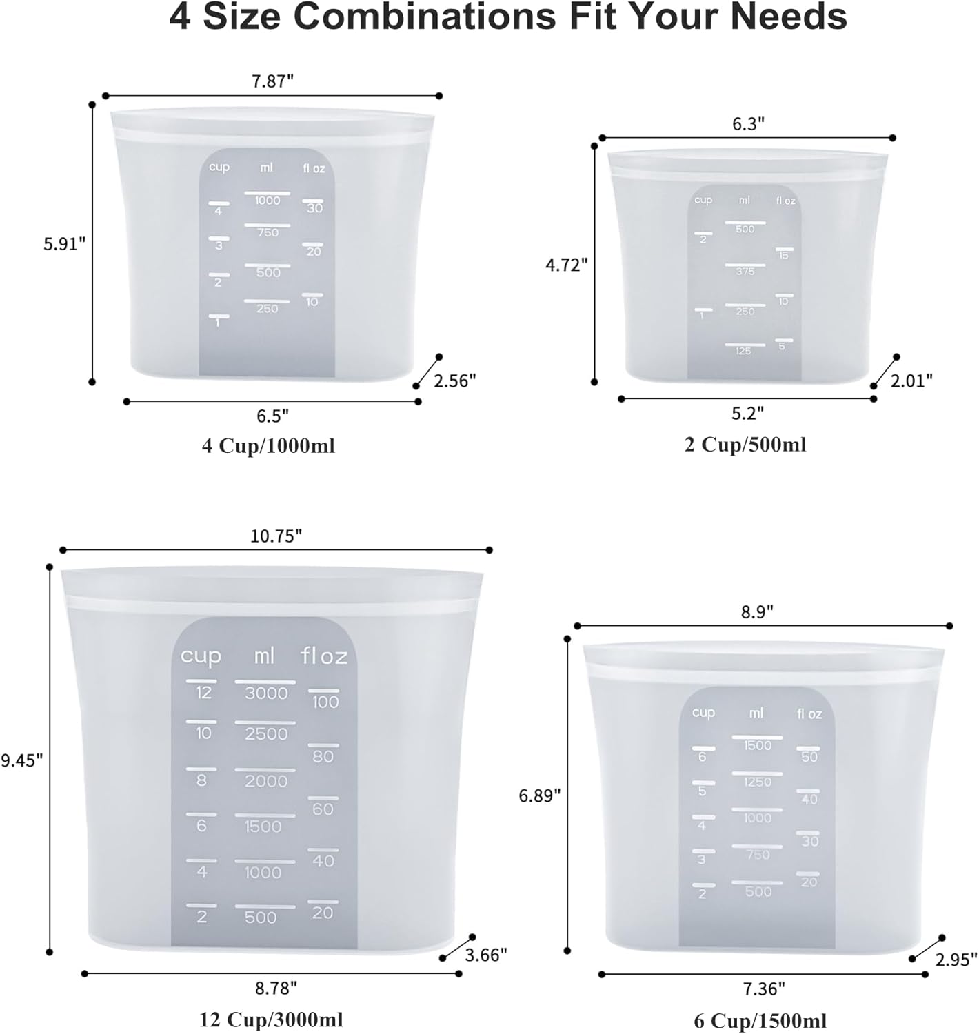 Bangp Premium Silicone Reusable Food Storage Bags,4 Pack,Stand-Up Bottom,Multi-Use Food Freezer Bag,Reclosable Silicone Bags for Marinate Meats,Salad Fruit,Home Organization,Leak-free,Dishwasher Safe - Image 4