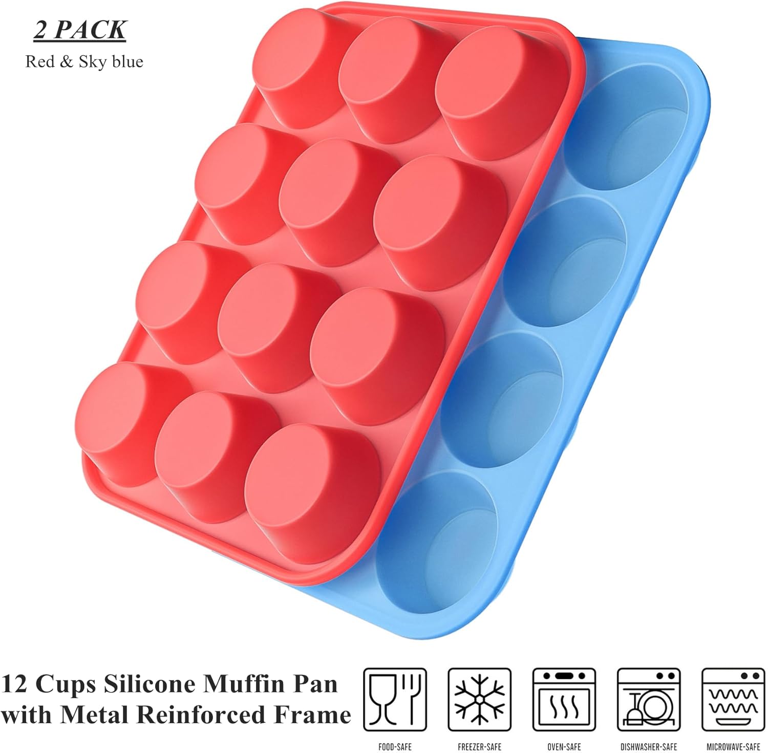 Bangp 2Pack Silicone Muffin Pans for Baking with Metal Reinforced Frame,12 Cup Regular Size Cupcake Pans,Premium Nonstick Food Grade Silicone Muffin Tray for Muffin,Cakes,Tart,Egg Bites - Image 2