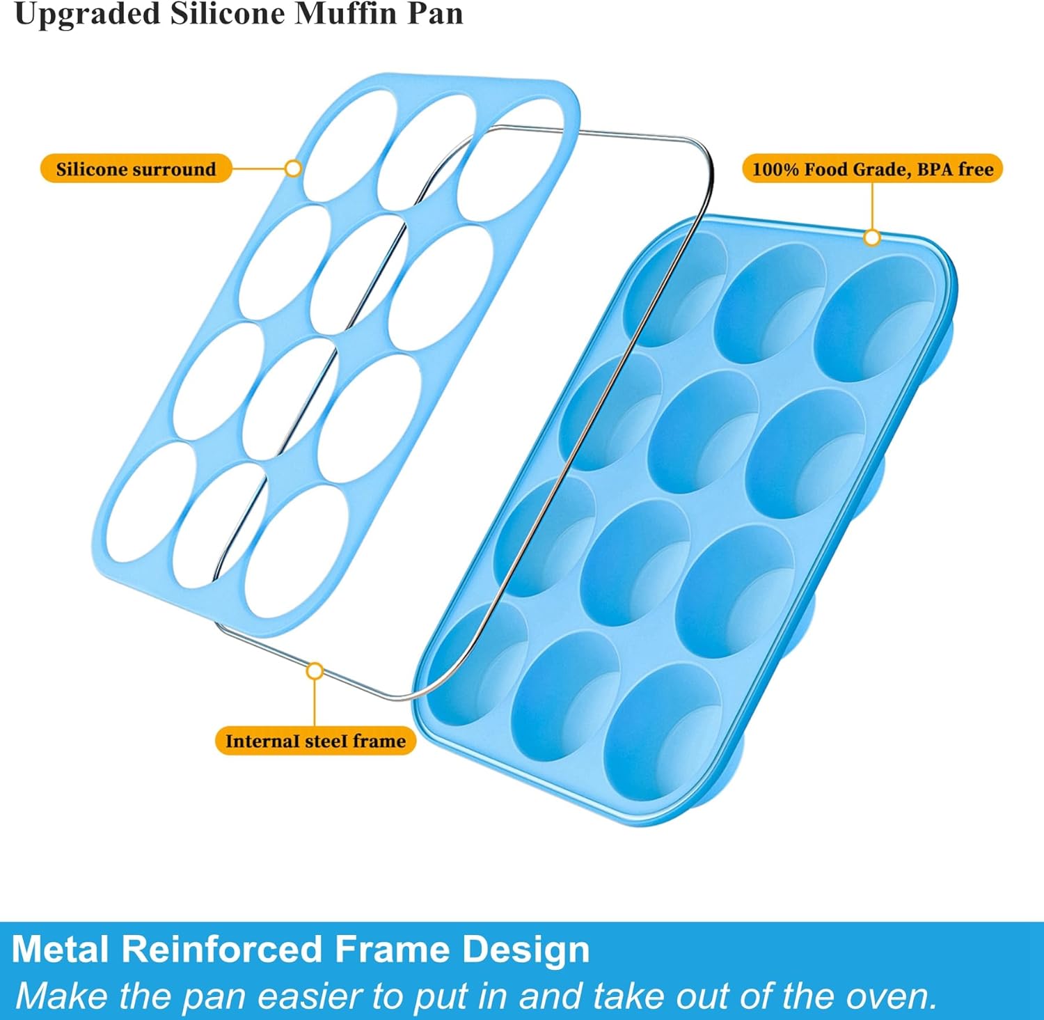 Bangp 2Pack Silicone Muffin Pans for Baking with Metal Reinforced Frame,12 Cup Regular Size Cupcake Pans,Premium Nonstick Food Grade Silicone Muffin Tray for Muffin,Cakes,Tart,Egg Bites - Image 3