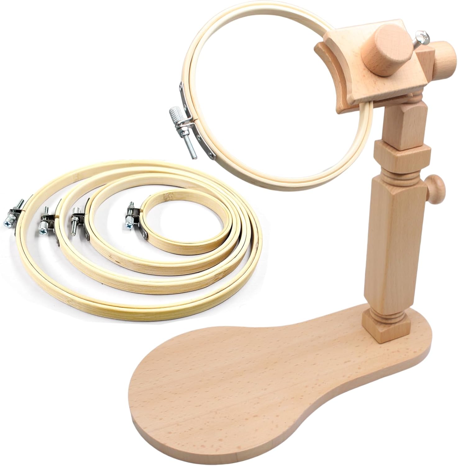 Biaungdo Adjustable Rotated Embroidery Hoop Stand with 5 Pack 5 Sizes Hoop, Wooden Embroidery Holder Frame for Cross Stitch, DIY Craft Sewing Projects - Image 1
