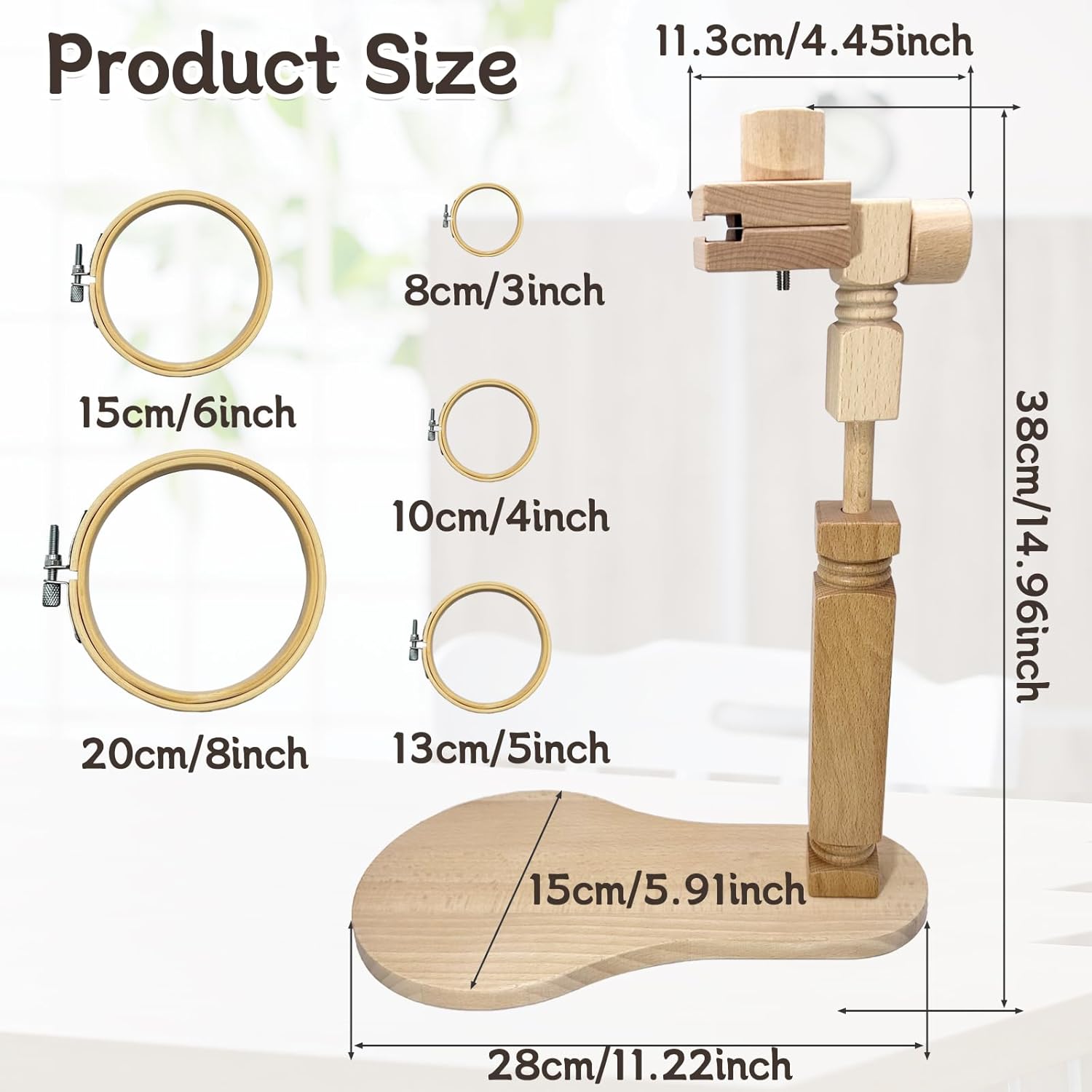 Biaungdo Adjustable Rotated Embroidery Hoop Stand with 5 Pack 5 Sizes Hoop, Wooden Embroidery Holder Frame for Cross Stitch, DIY Craft Sewing Projects - Image 2