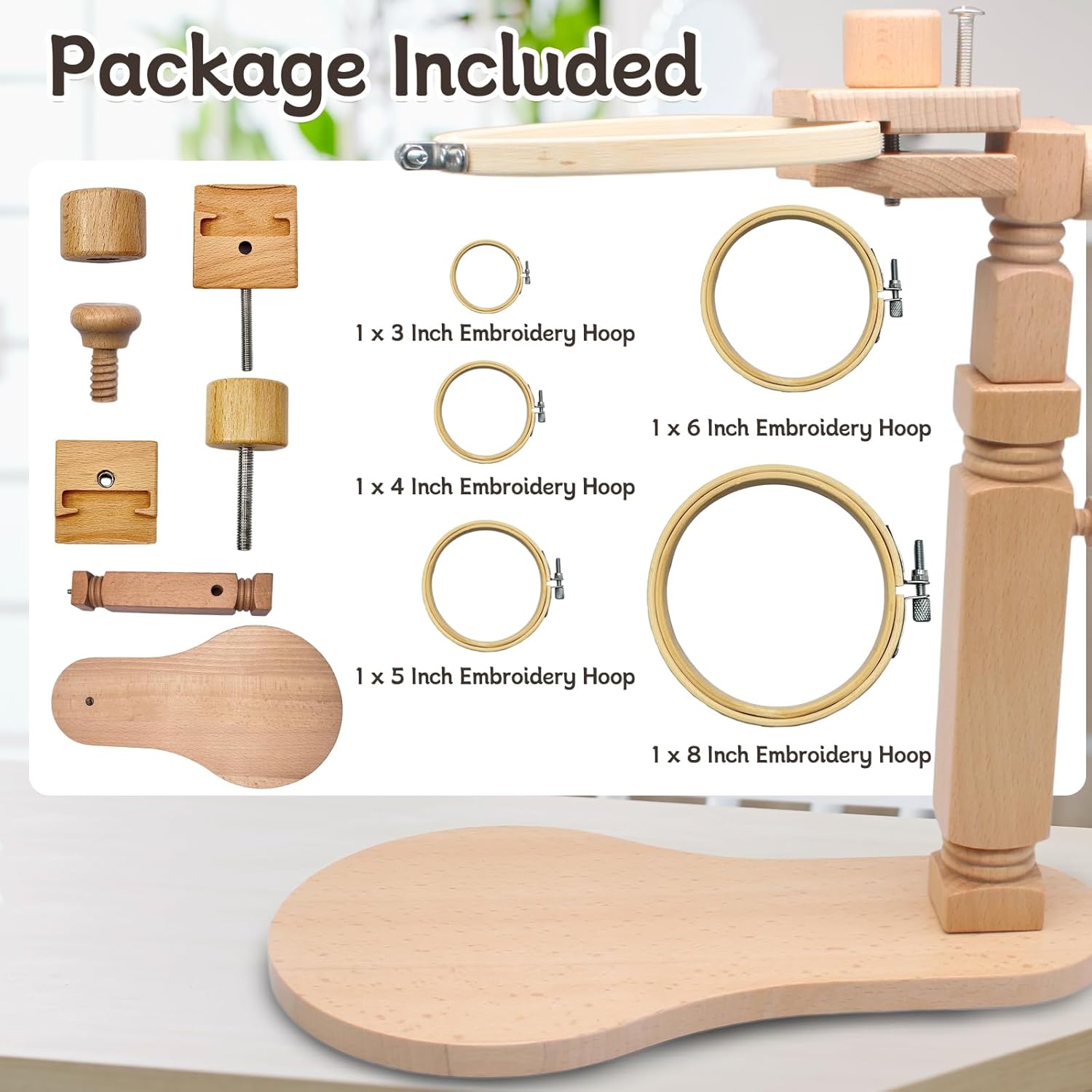 Biaungdo Adjustable Rotated Embroidery Hoop Stand with 5 Pack 5 Sizes Hoop, Wooden Embroidery Holder Frame for Cross Stitch, DIY Craft Sewing Projects - Image 3