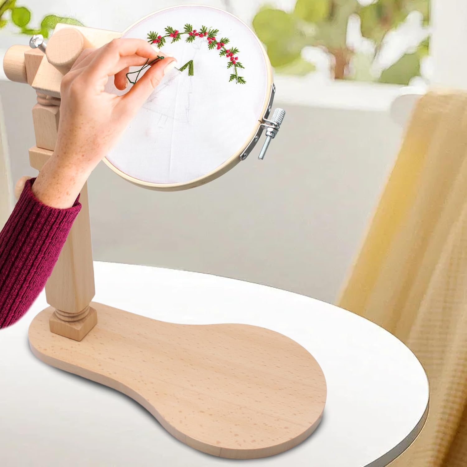 Biaungdo Adjustable Rotated Embroidery Hoop Stand with 5 Pack 5 Sizes Hoop, Wooden Embroidery Holder Frame for Cross Stitch, DIY Craft Sewing Projects - Image 7