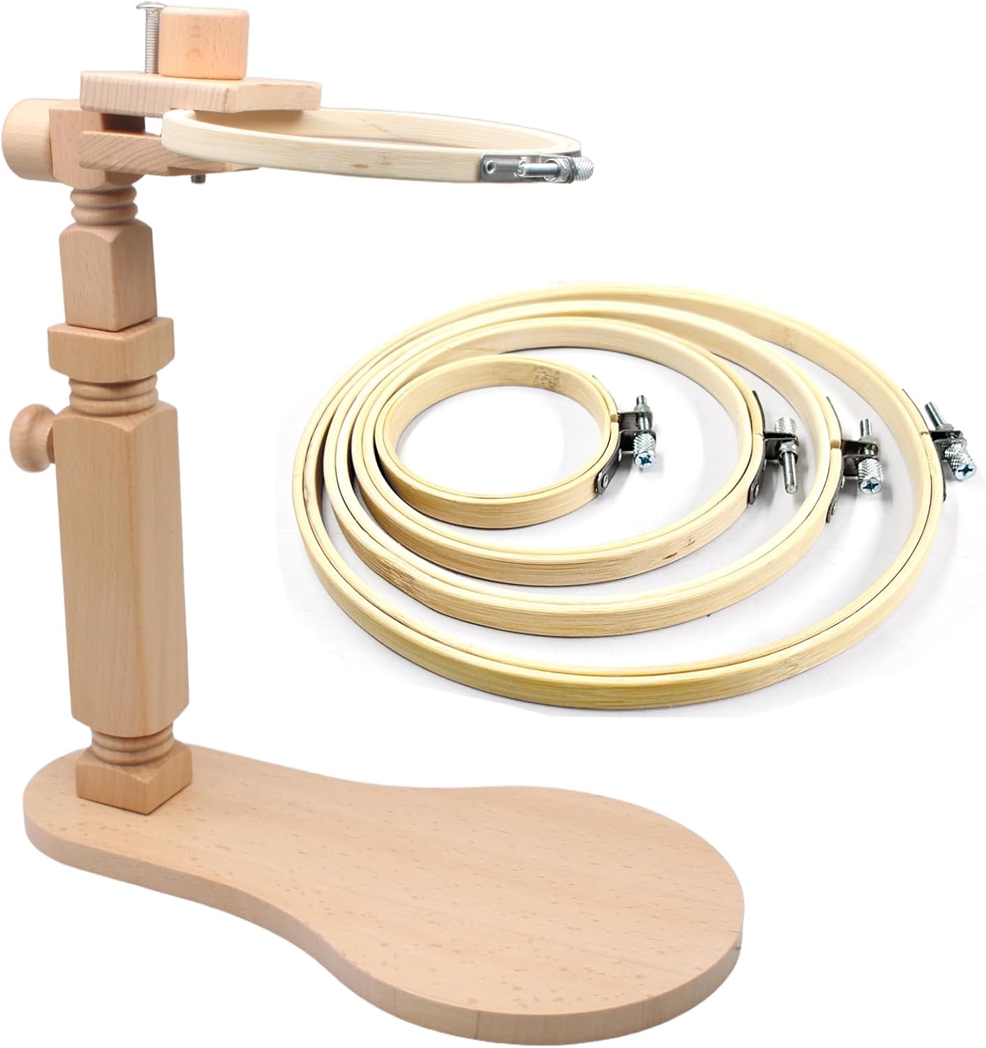 Biaungdo Adjustable Rotated Embroidery Hoop Stand with 5 Pack 5 Sizes Hoop, Wooden Embroidery Holder Frame for Cross Stitch, DIY Craft Sewing Projects - Image 8