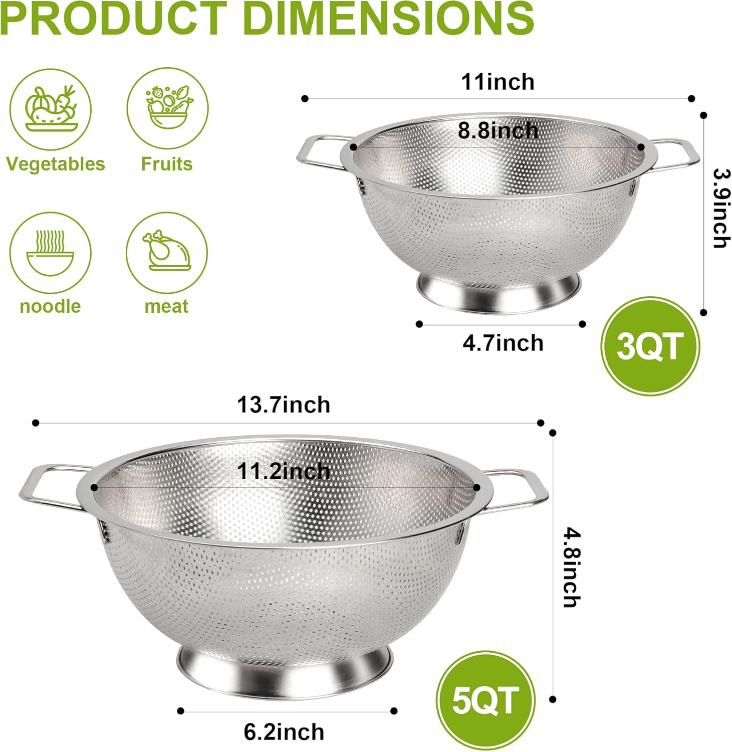 Colander Stainless Steel 3-Quart, Strainer for Kitchen Food, Dishwasher Safe - Image 2
