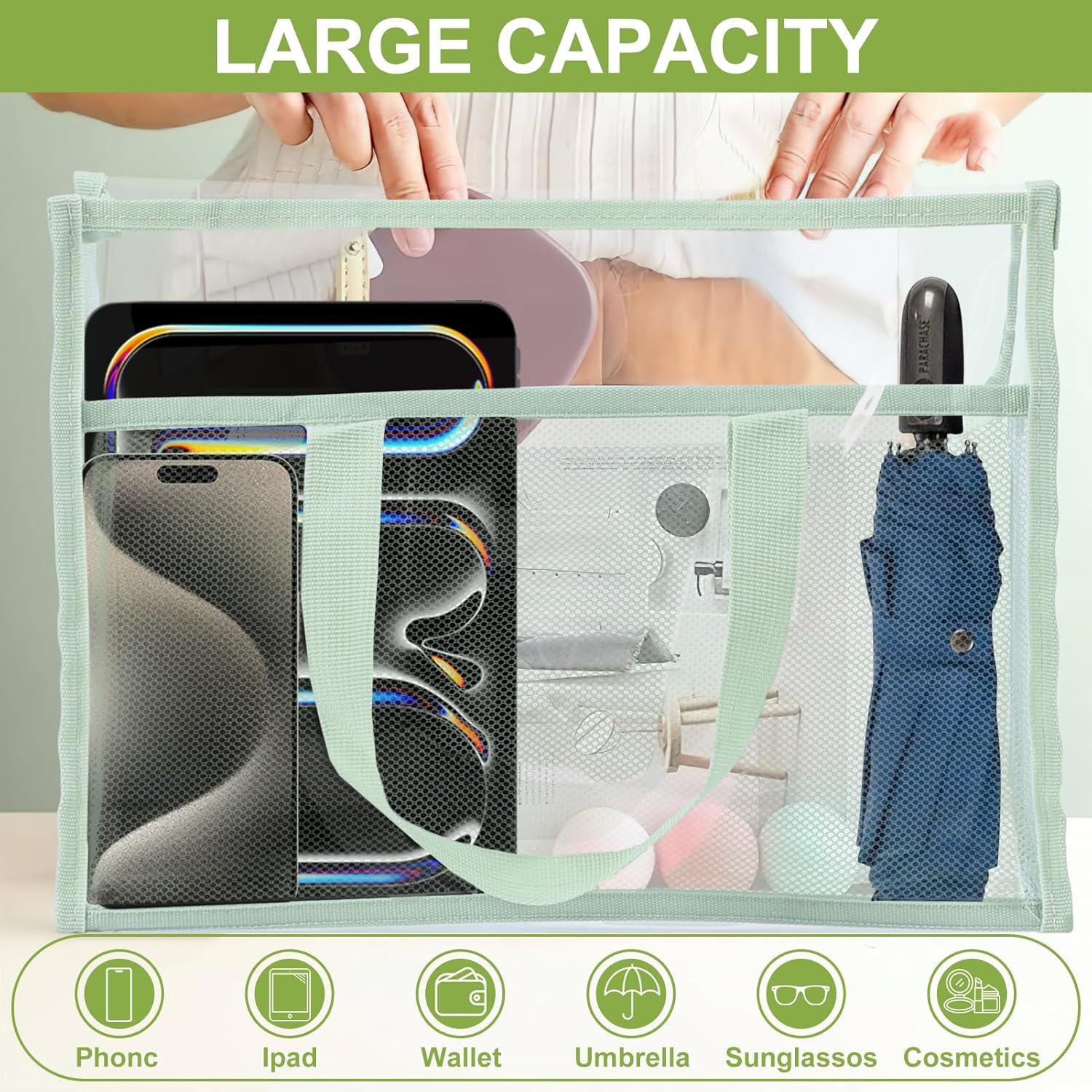 4 Pcs Clear Tote Bag, Large Makeup Bags, Clear PVC Cosmetic Bag Organizer, Multifunction Travel Toiletry Bag for Women, Transparent Beach Tote Bags, Transparent Organizer Storage Bags - Image 4