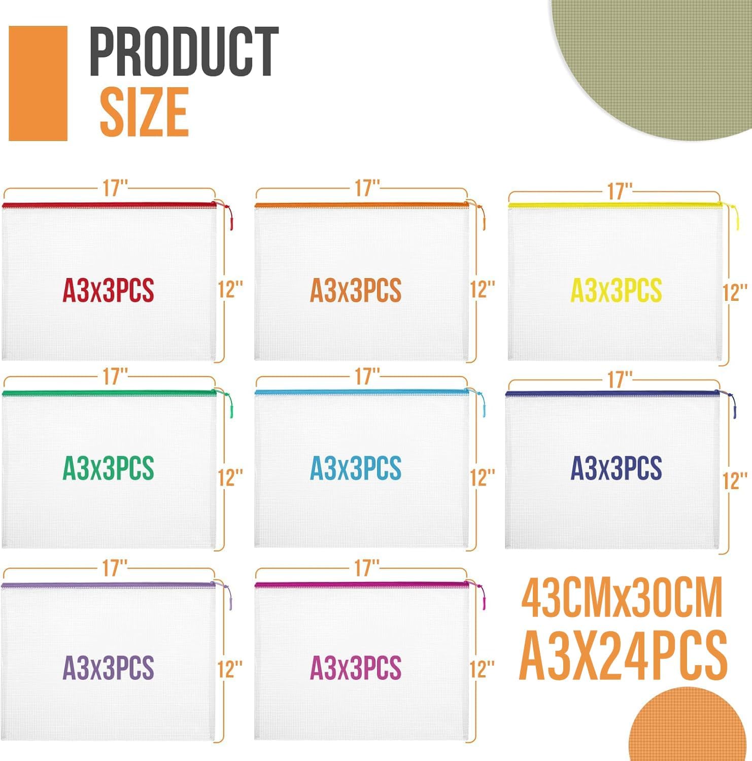 24pcs Mesh Zipper Pouch File Bags Puzzle Storage Bags, A3 17x12 Inches Large Reusable Zipper Pouches for Organizing Classroom Board Game Organization - Image 3