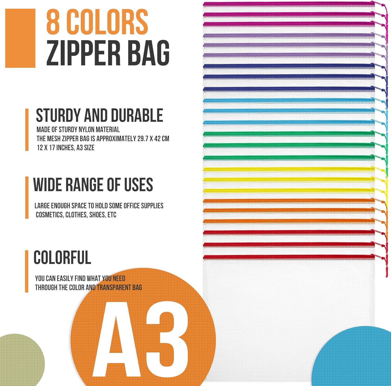 24pcs Mesh Zipper Pouch File Bags Puzzle Storage Bags, A3 17x12 Inches Large Reusable Zipper Pouches for Organizing Classroom Board Game Organization - Image 7