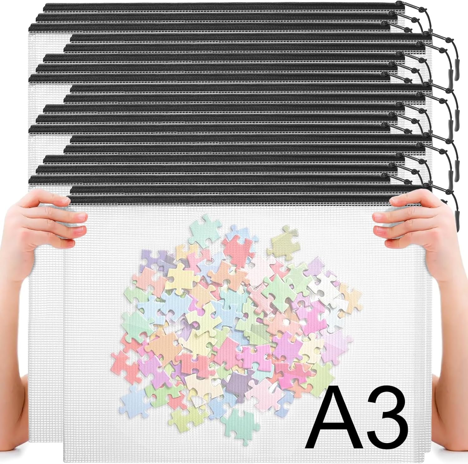 20pcs Plastic Mesh Zipper Pouch Bags, A3 17x12 Inches Extra Large Mesh Bags, Reusable Zipper Pouches for Classroom Office Supplies Organizing, Puzzles & Games, Board Game Organization - Image 1