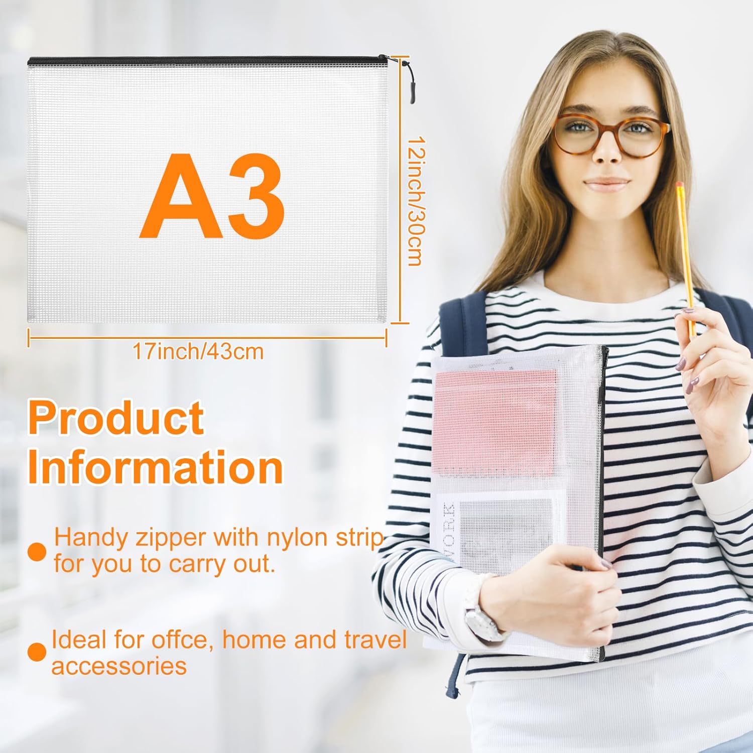 20pcs Plastic Mesh Zipper Pouch Bags, A3 17x12 Inches Extra Large Mesh Bags, Reusable Zipper Pouches for Classroom Office Supplies Organizing, Puzzles & Games, Board Game Organization - Image 2