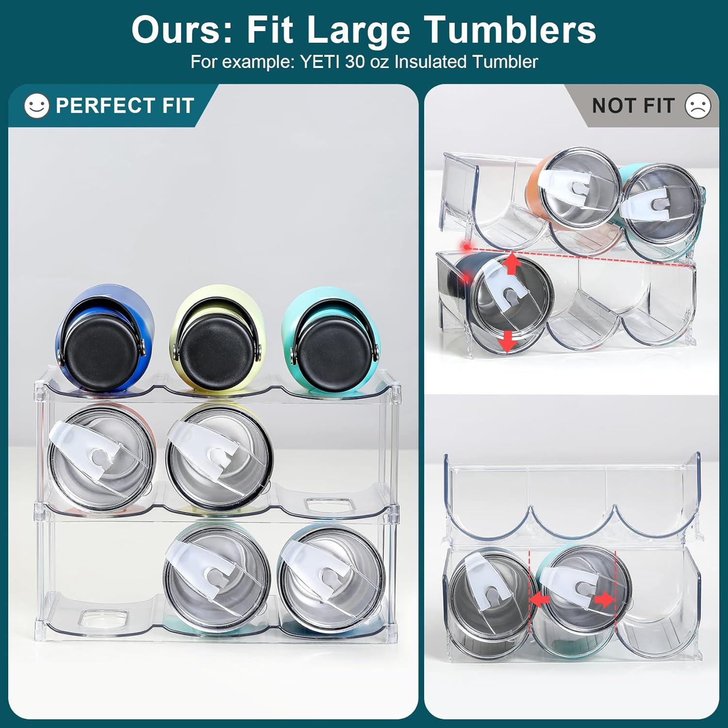 LARGER Compartment - Stackable Water Bottle Organizer Holder - for Stanley & Others' Large Tumbler - Clear Wine Rack, Cup Bottle Holder for Cabinet Home Countertop Fridge Pantry Shelf, 3 Tier Hold 9 - Image 2