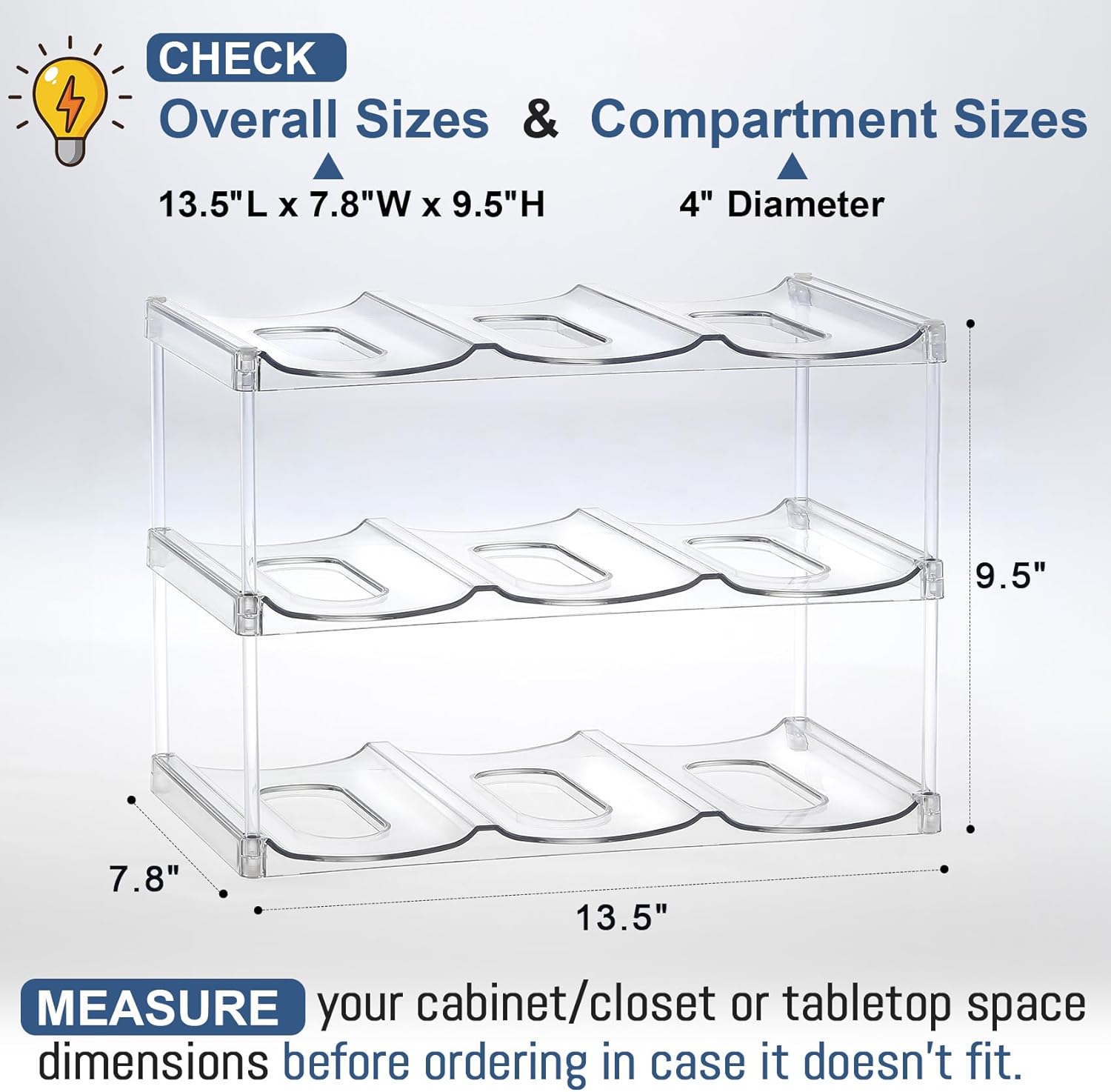 LARGER Compartment - Stackable Water Bottle Organizer Holder - for Stanley & Others' Large Tumbler - Clear Wine Rack, Cup Bottle Holder for Cabinet Home Countertop Fridge Pantry Shelf, 3 Tier Hold 9 - Image 5