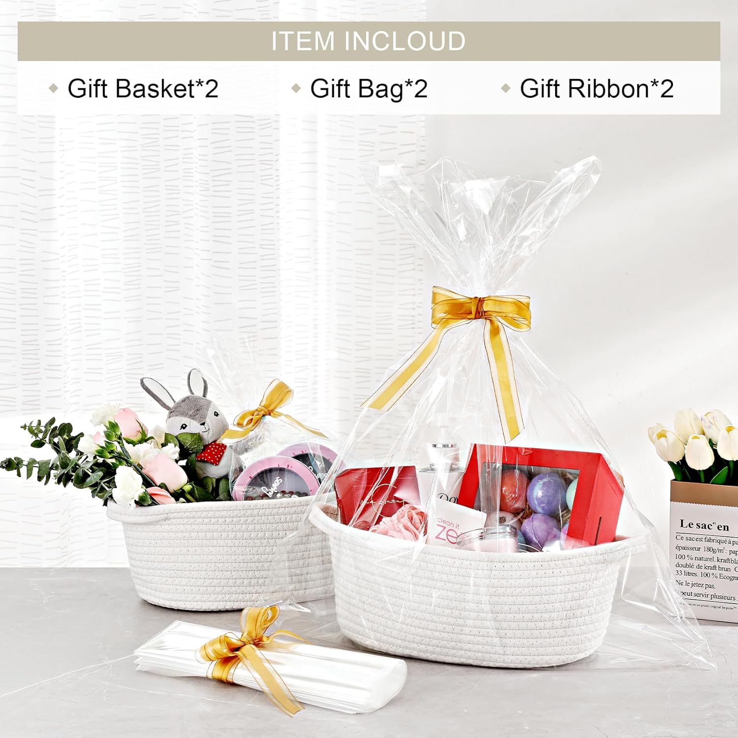 2 Pack Small Woven Basket with Gift Bags and Ribbons, Empty Decorative Gift Chest Box, Cute Baby Gift Basket for Nursery, Cotton Rope Room Shelf Storage Basket with Handles, All 12