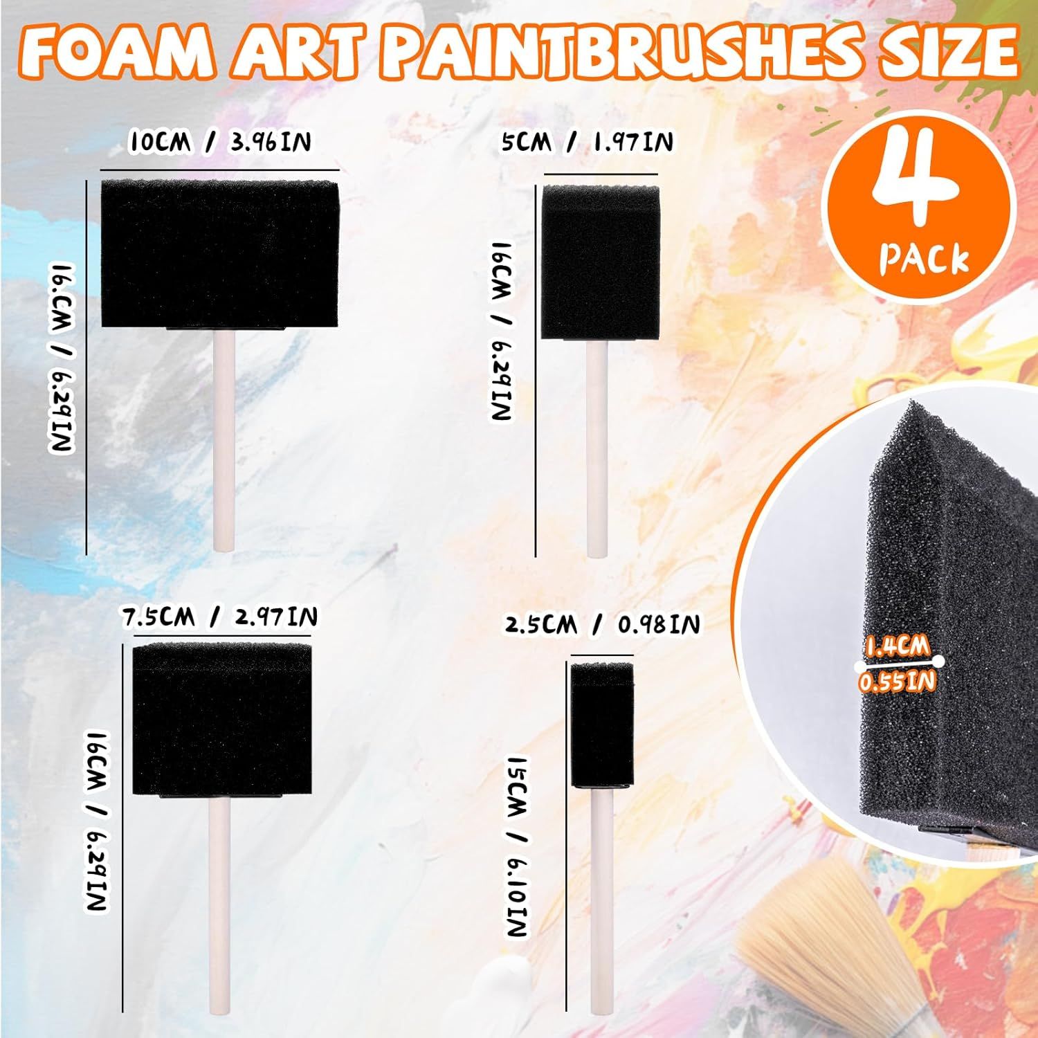 4 Pcs Foam Art Paintbrushes,Wood Handle Sponge Brushes 1'', 2'',3'' & 4'' Sponge Paint Brush for Painting, Craft, Staining, Varnish, Touch Up DIY Craft Projects - Image 2