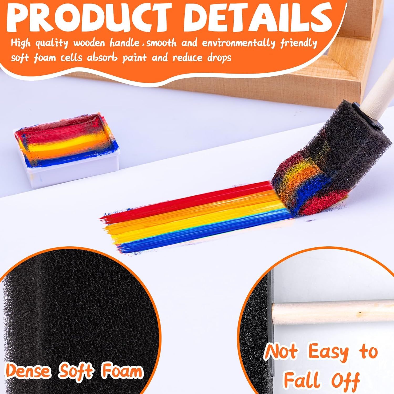 4 Pcs Foam Art Paintbrushes,Wood Handle Sponge Brushes 1'', 2'',3'' & 4'' Sponge Paint Brush for Painting, Craft, Staining, Varnish, Touch Up DIY Craft Projects - Image 3