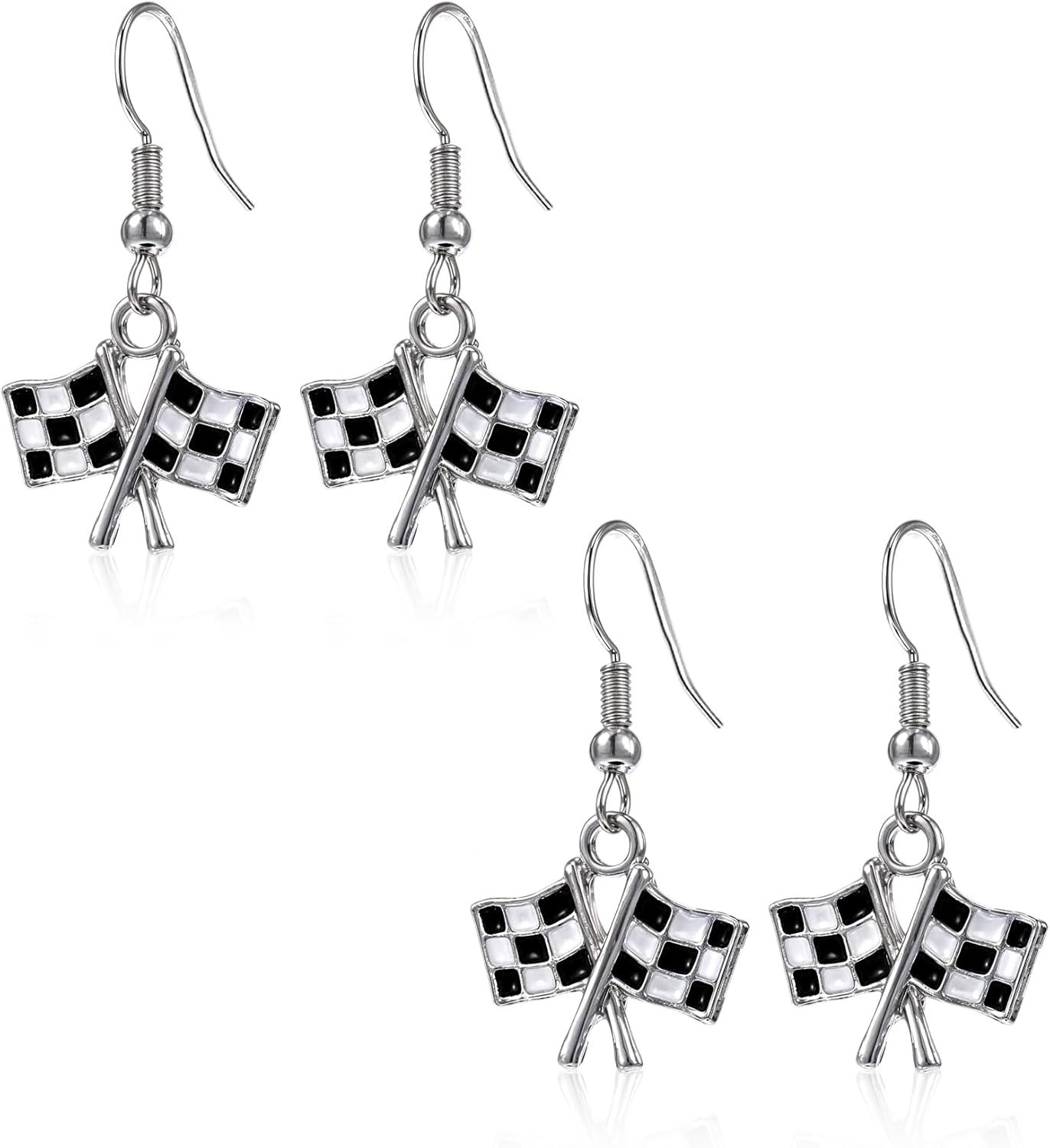Checkered Flag Earrings,  2 Pairs Checkered Flag Earrings for Women Black and White Race Charm Dangle Earrings Ideal for Women Racing Fans and Race Day Accessories - Image 1