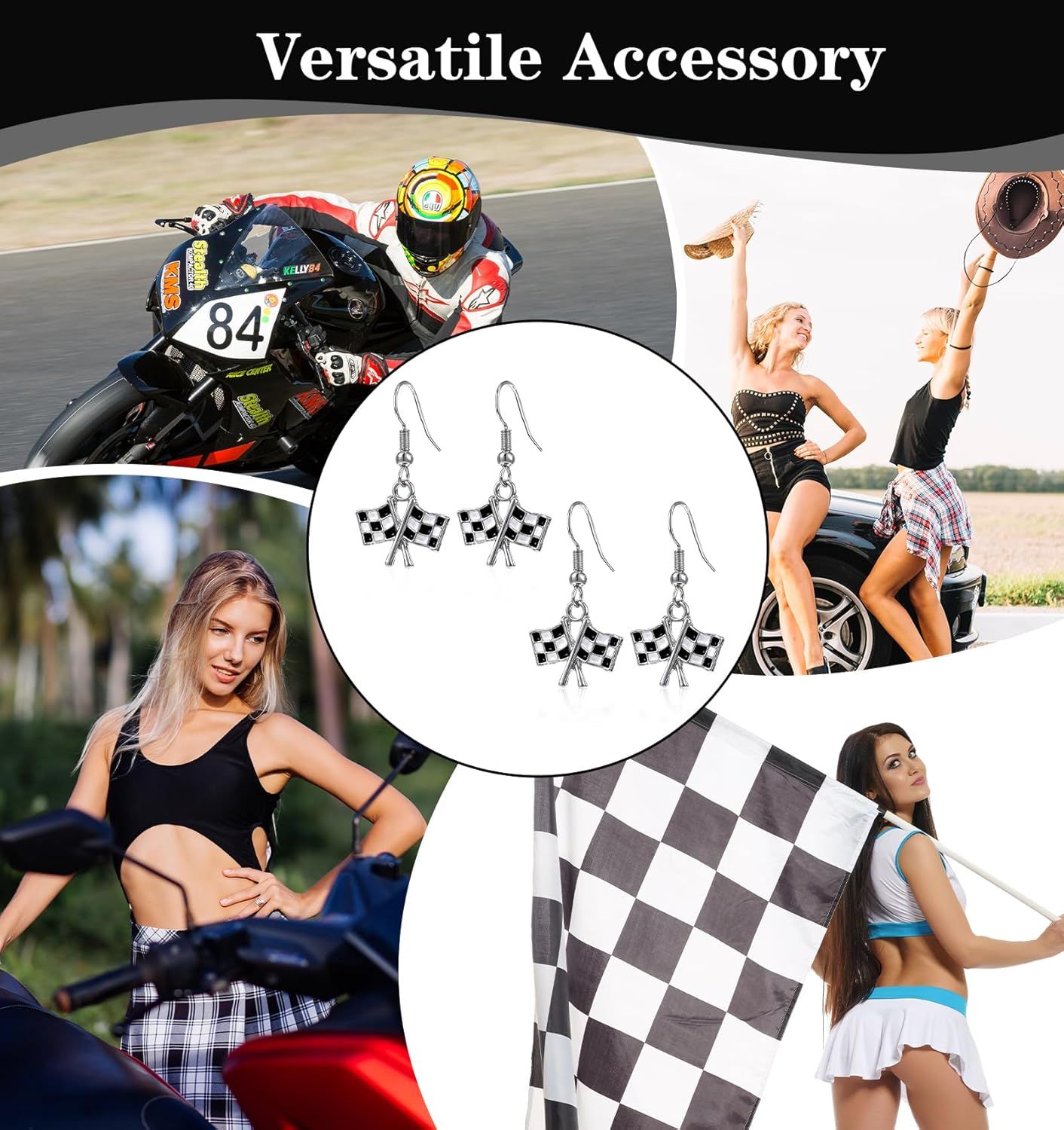 Checkered Flag Earrings,  2 Pairs Checkered Flag Earrings for Women Black and White Race Charm Dangle Earrings Ideal for Women Racing Fans and Race Day Accessories - Image 6